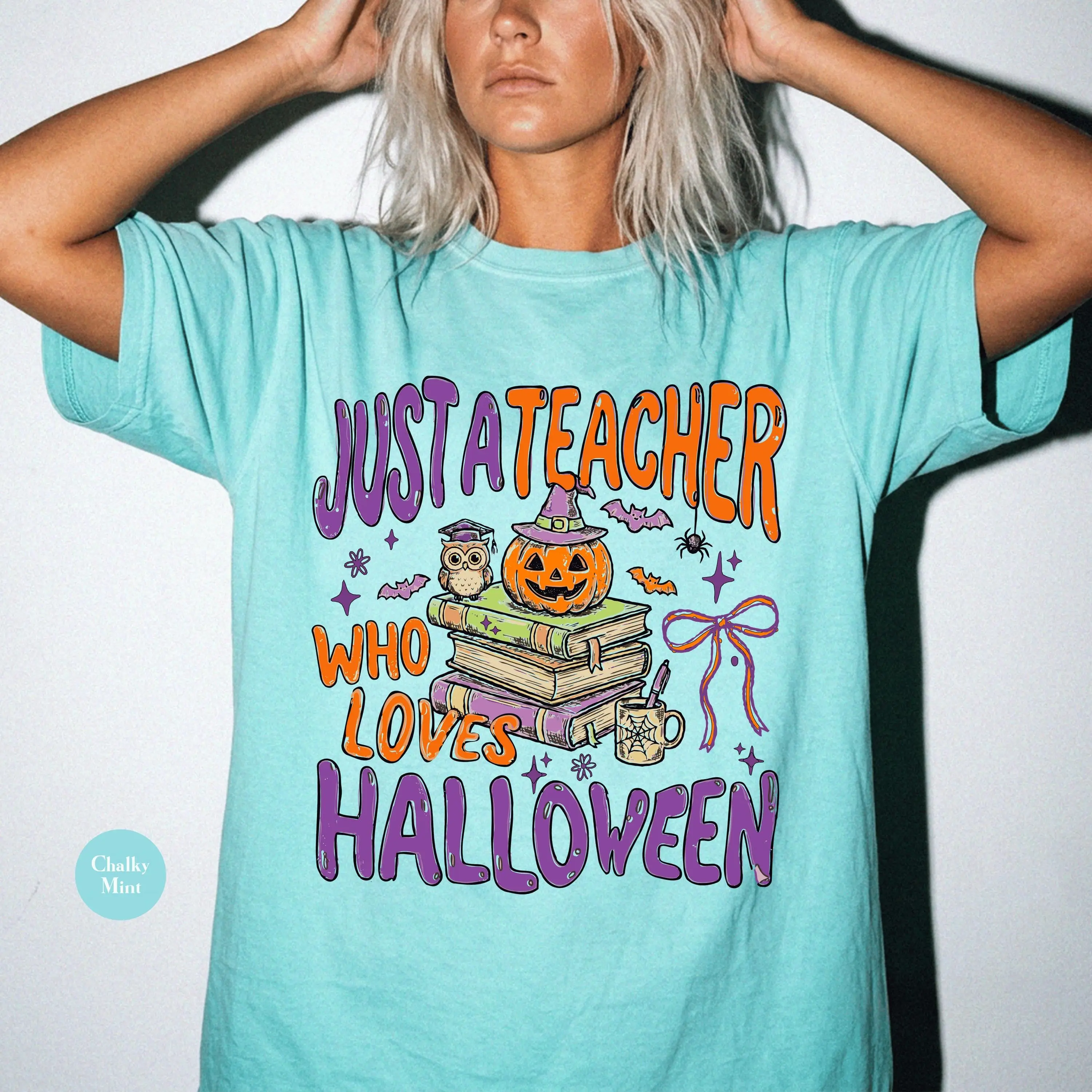 Comfort Colors Just A Teacher Who Loves Halloween Shirt, Funny Retro Ghost Graphic Tee - photo 4