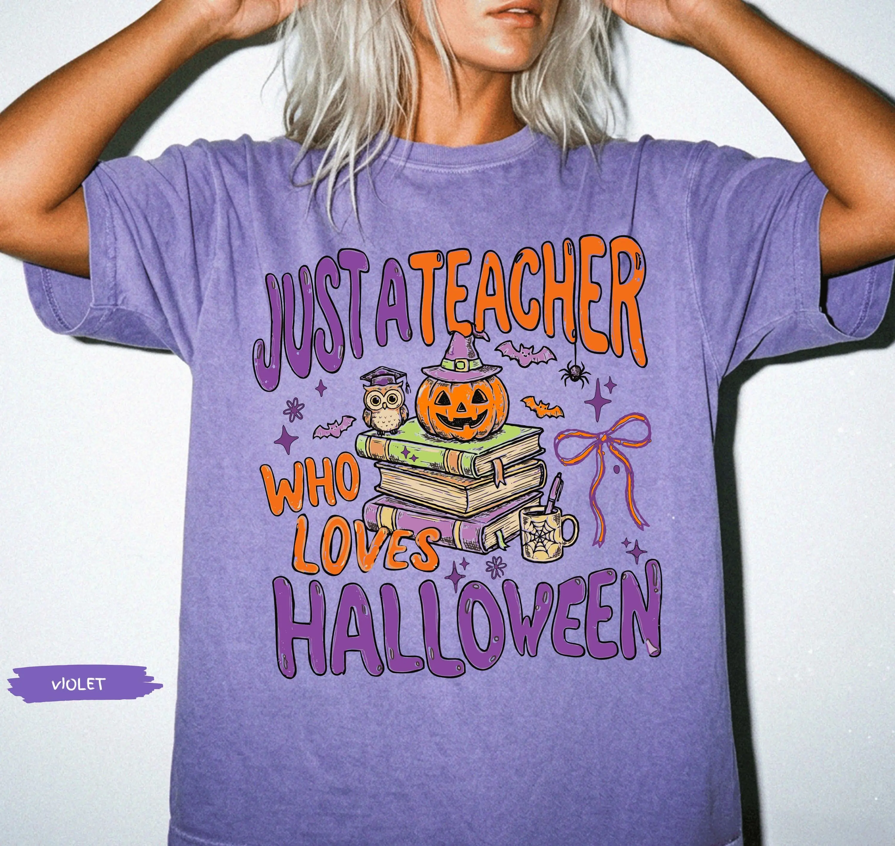 Comfort Colors Just A Teacher Who Loves Halloween Shirt, Funny Retro Ghost Graphic Tee - photo 5