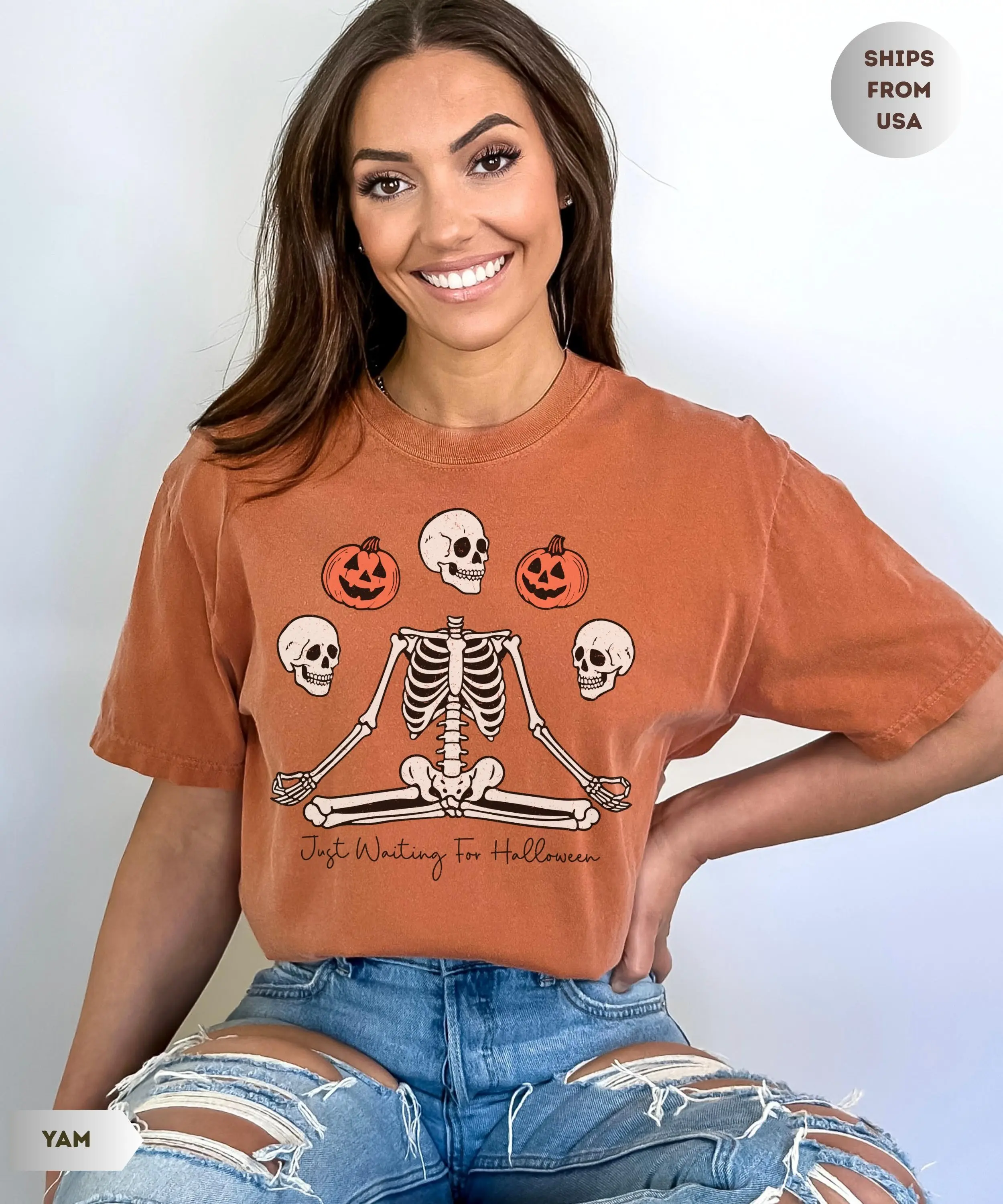 Comfort Colors Just Waiting for Halloween Shirt, Yoga Skeleton Graphic Tee, Gothic Sarcastic Gift