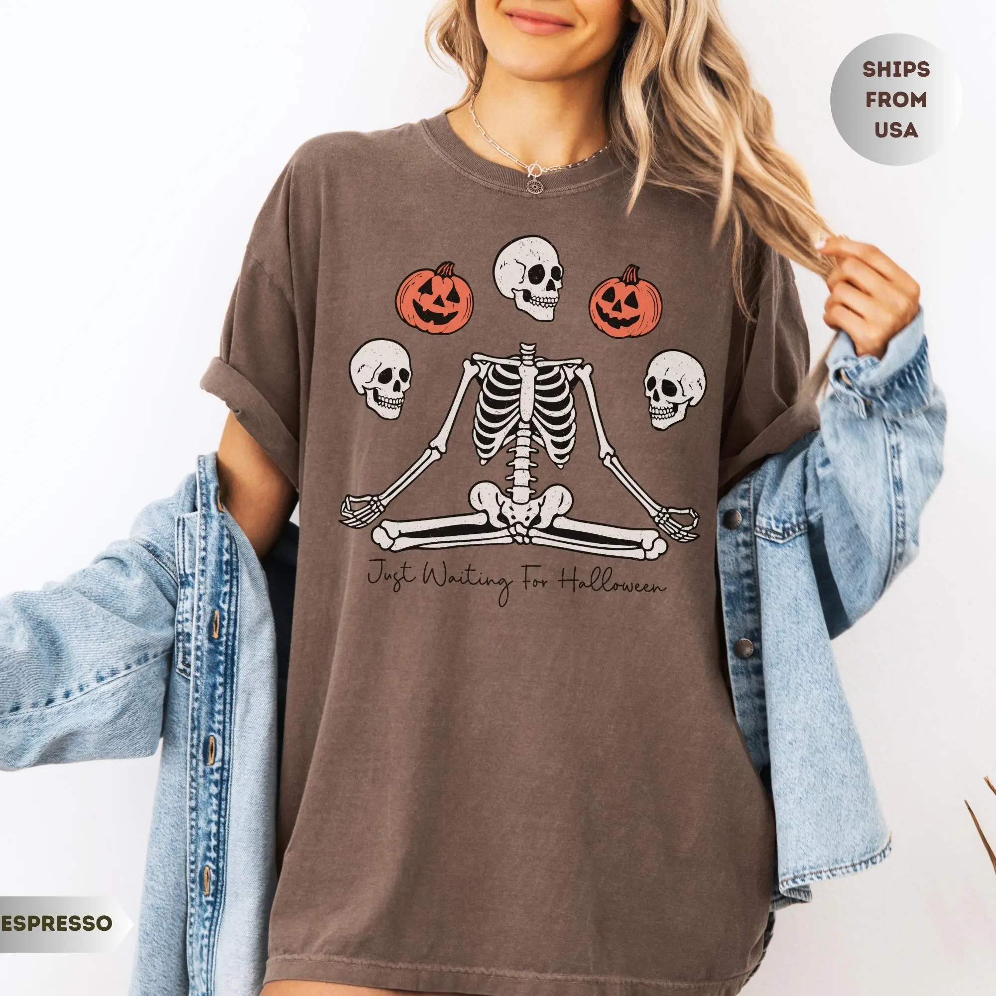 Comfort Colors Just Waiting for Halloween Shirt, Yoga Skeleton Graphic Tee, Gothic Sarcastic Gift - photo 2