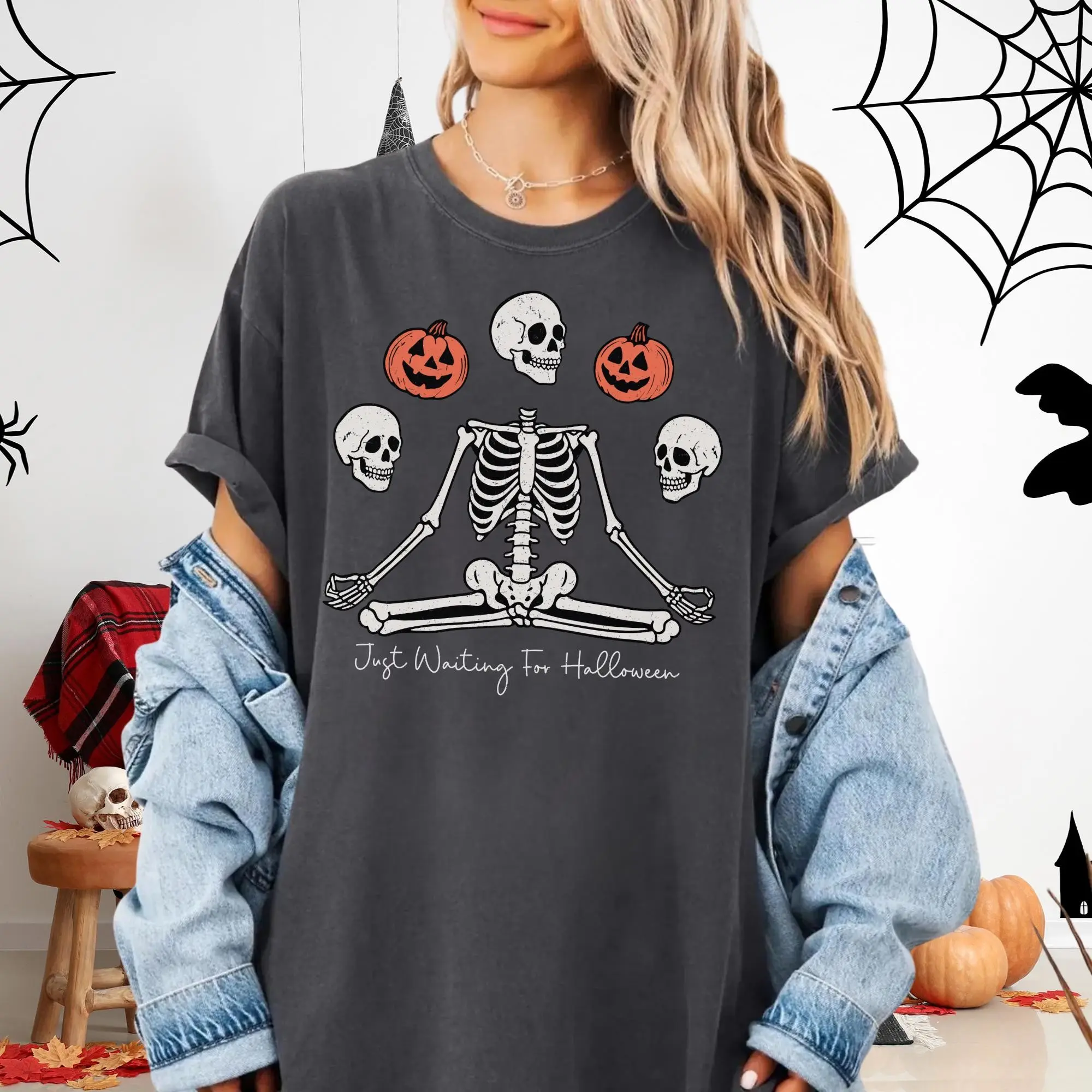 Comfort Colors Just Waiting for Halloween Shirt, Yoga Skeleton Graphic Tee, Gothic Sarcastic Gift - photo 3