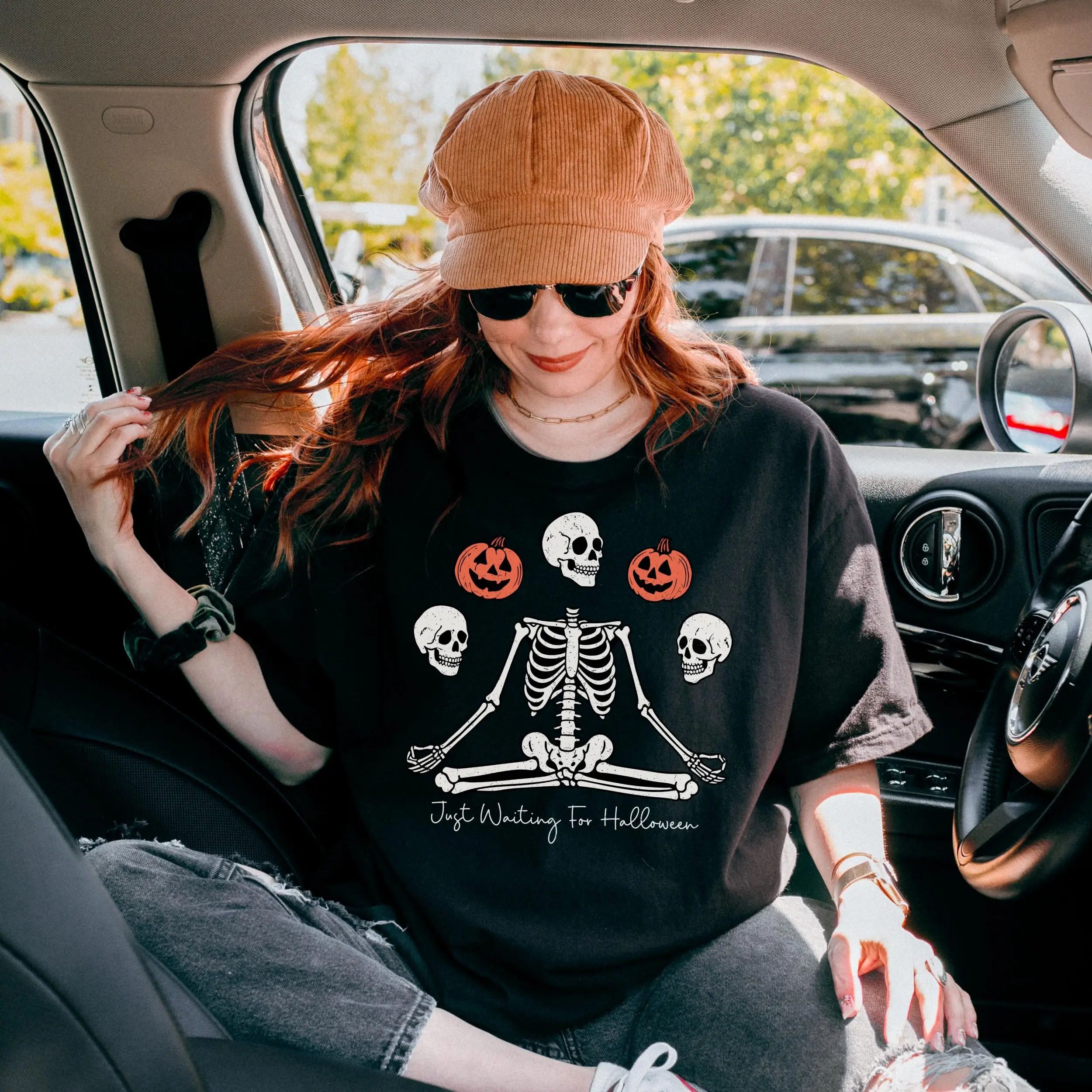 Comfort Colors Just Waiting for Halloween Shirt, Yoga Skeleton Graphic Tee, Gothic Sarcastic Gift - photo 4