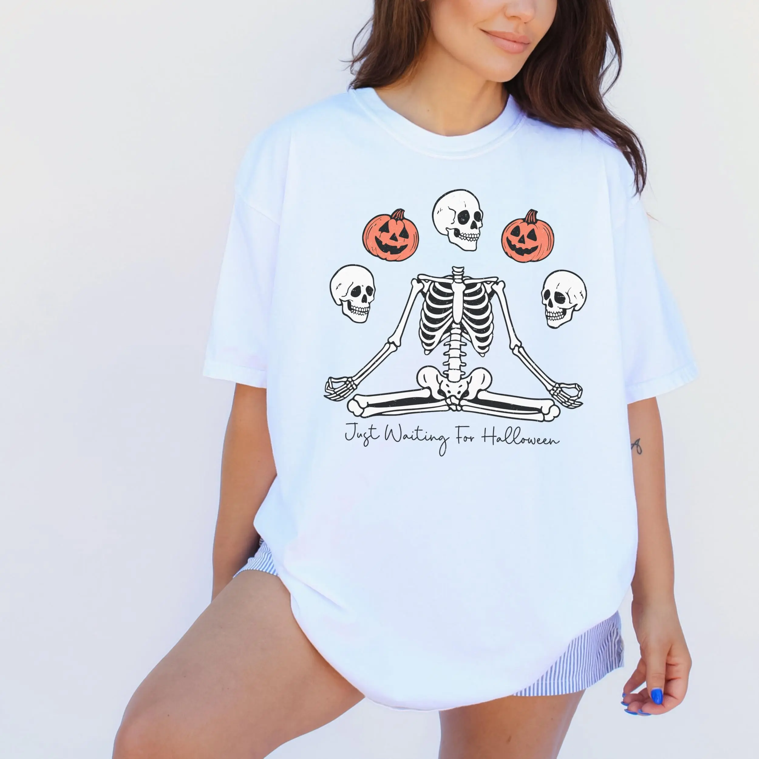 Comfort Colors Just Waiting for Halloween Shirt, Yoga Skeleton Graphic Tee, Gothic Sarcastic Gift - photo 5