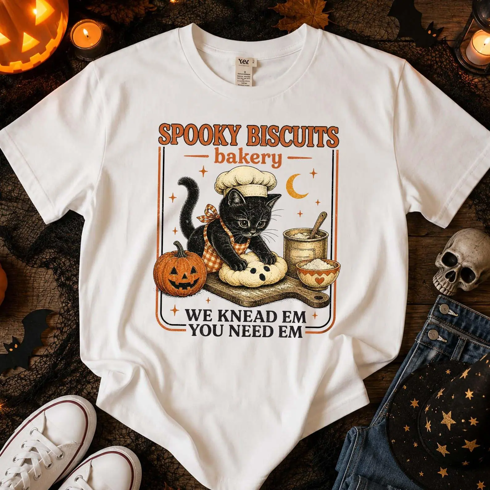 Comfort Colors Kitty Biscuits Shirt, Black Cat Lover Vintage Baking Pumpkin Spooky Season Halloween Tee - photo 2