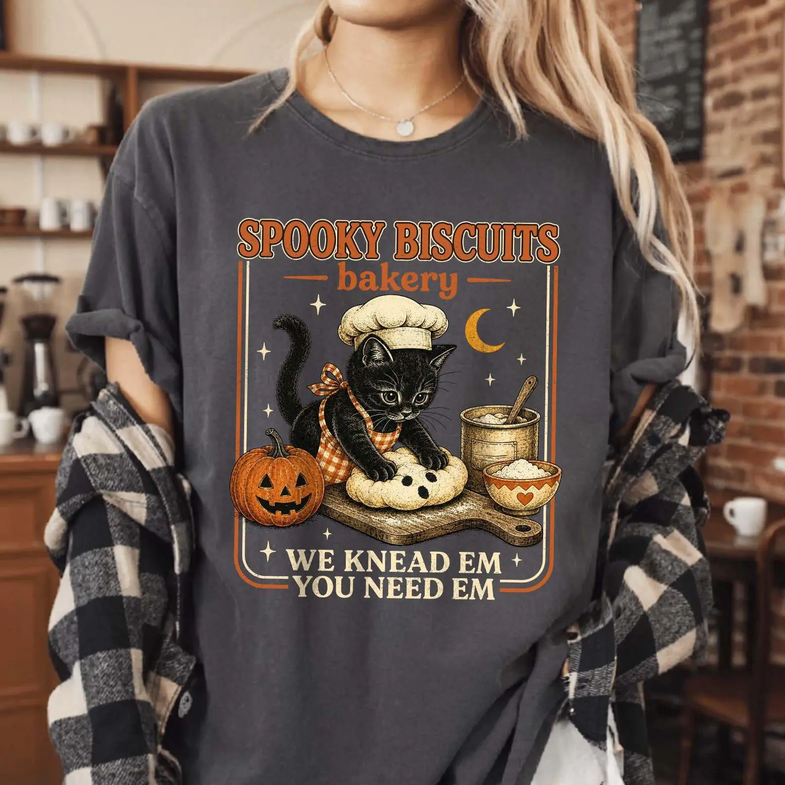 Comfort Colors Kitty Biscuits Shirt, Black Cat Lover Vintage Baking Pumpkin Spooky Season Halloween Tee - photo 3