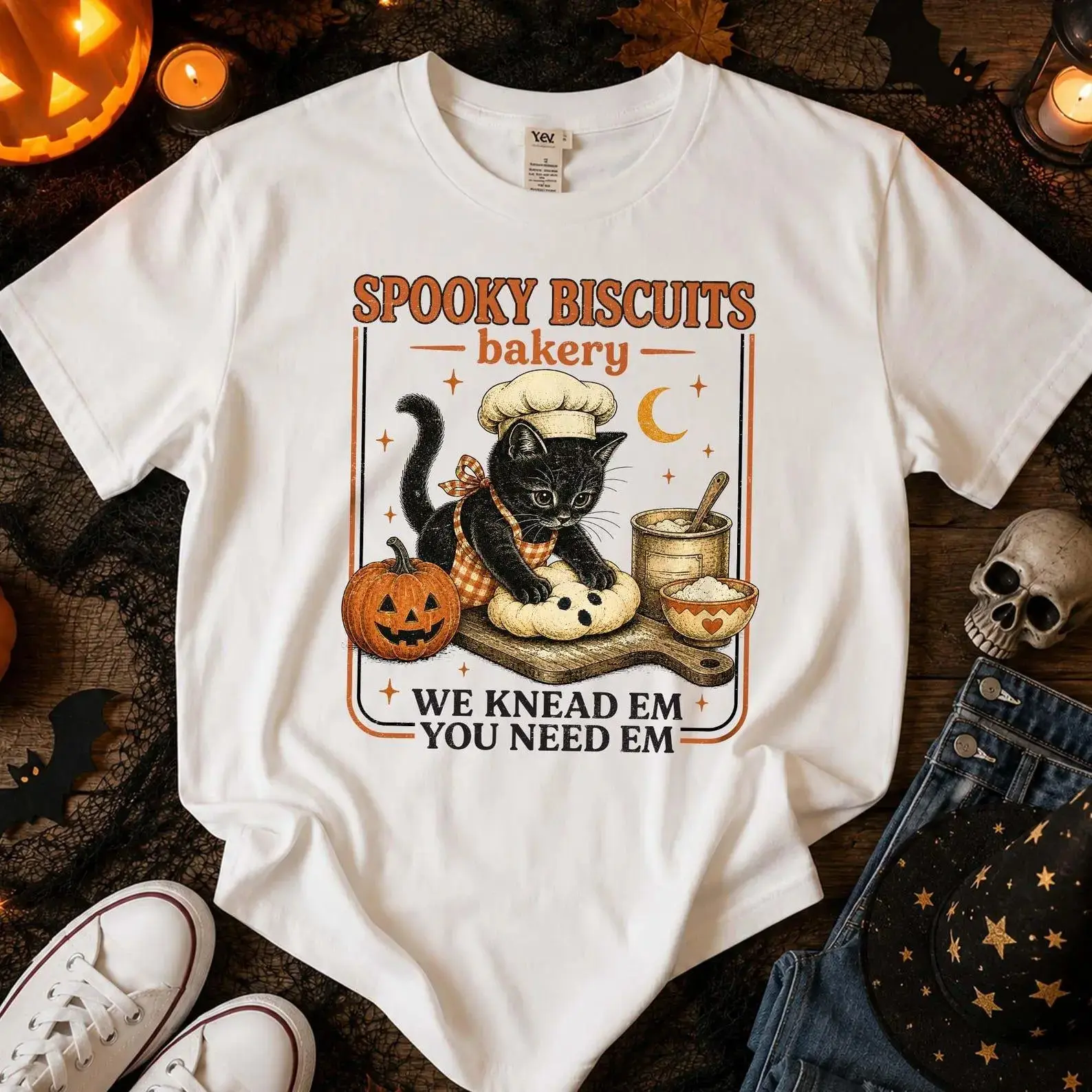 Comfort Colors Kitty Biscuits Shirt, Black Cat Halloween Fall Tee, Vintage Baking Pumpkin Spooky Season Lover Gift - photo 3