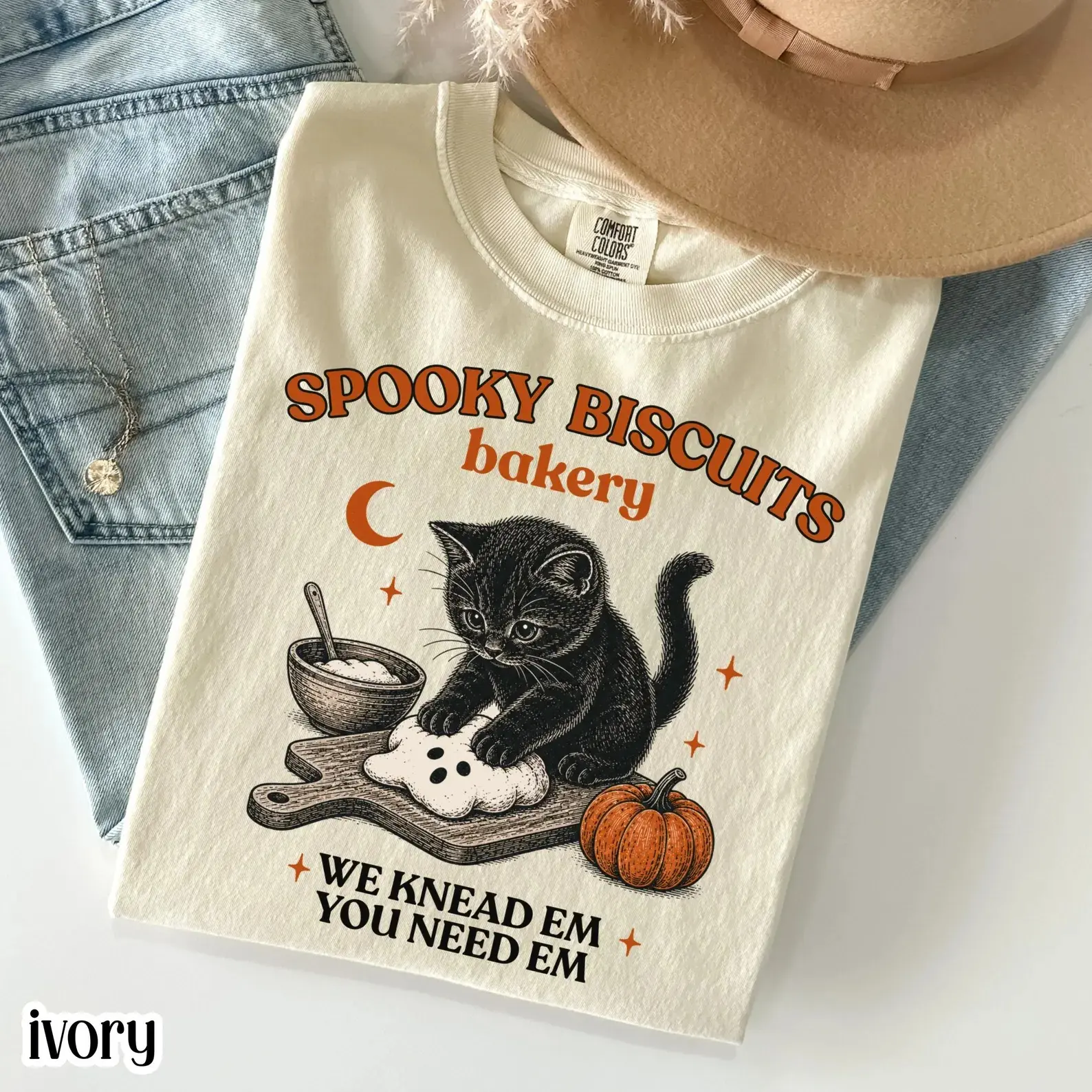 Comfort Colors Kitty Biscuits Shirt, Black Cat Halloween Spooky Season Tee, Vintage Baking Pumpkin Fall Lover Gift