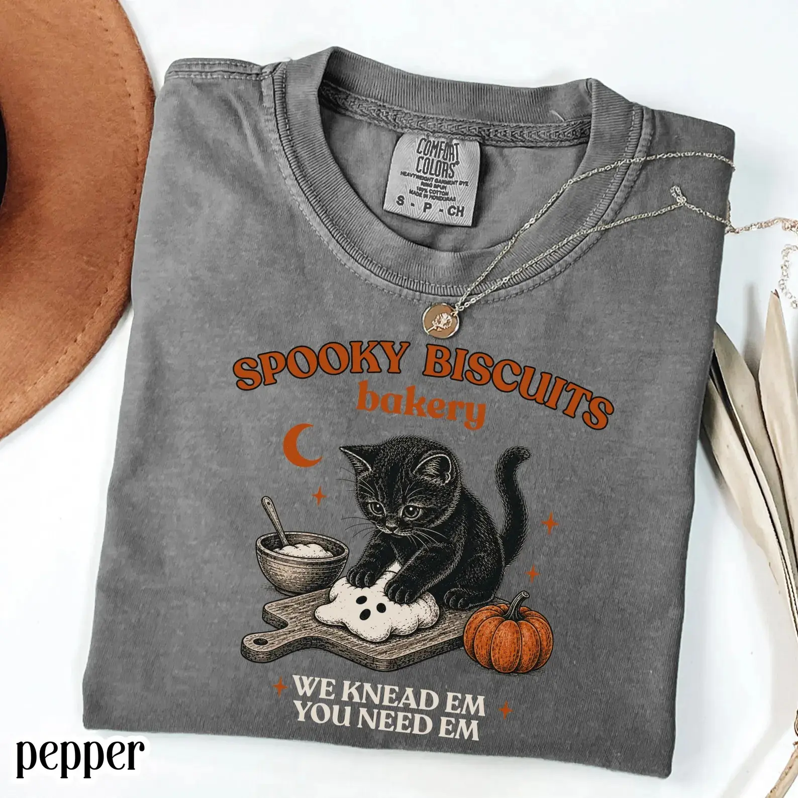Comfort Colors Kitty Biscuits Shirt, Black Cat Halloween Spooky Season Tee, Vintage Baking Pumpkin Fall Lover Gift - photo 2
