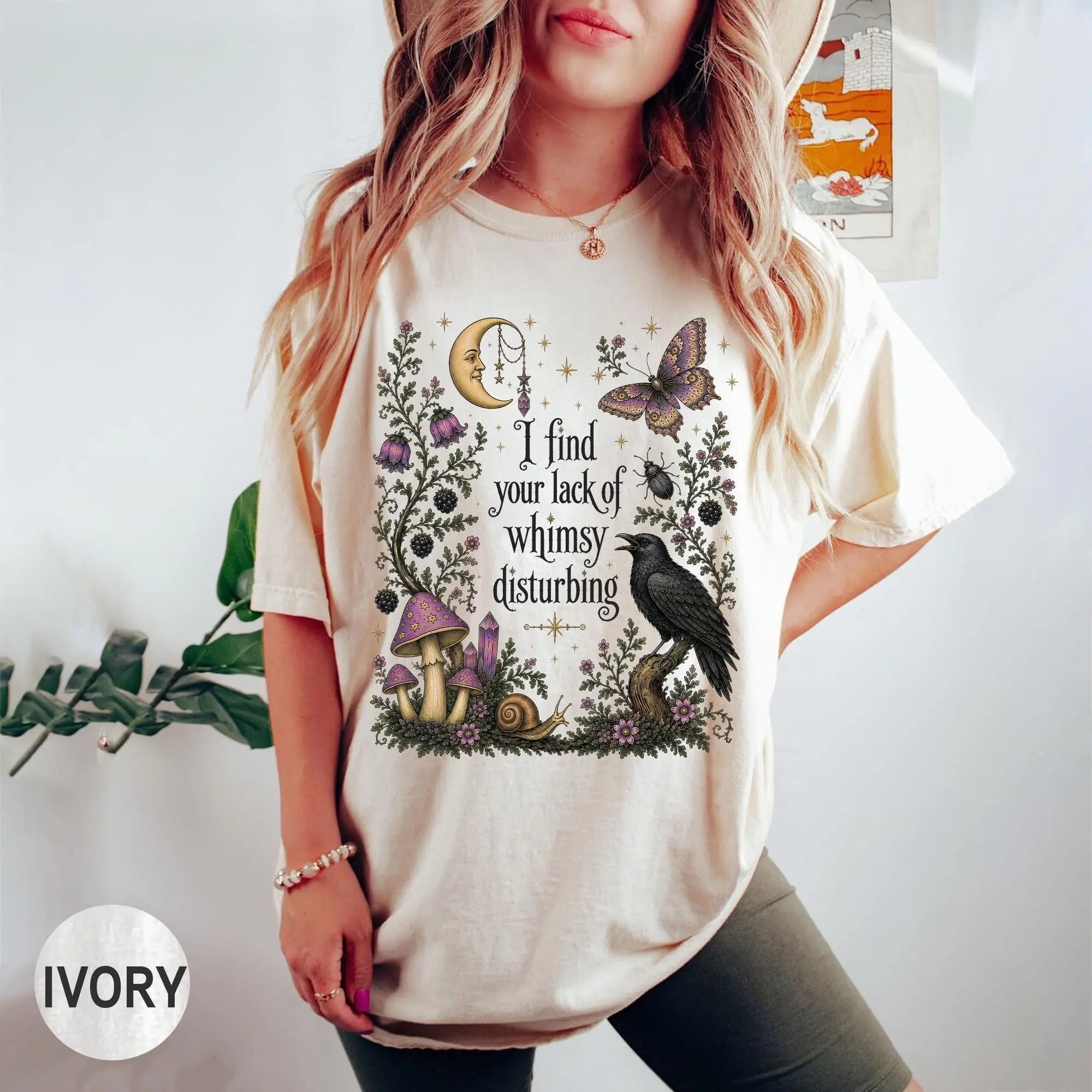 Comfort Colors Lack of Whimsy Crow Shirt, Witchy Autumn Celestial Moth Halloween Gift Tee for Women - photo 2