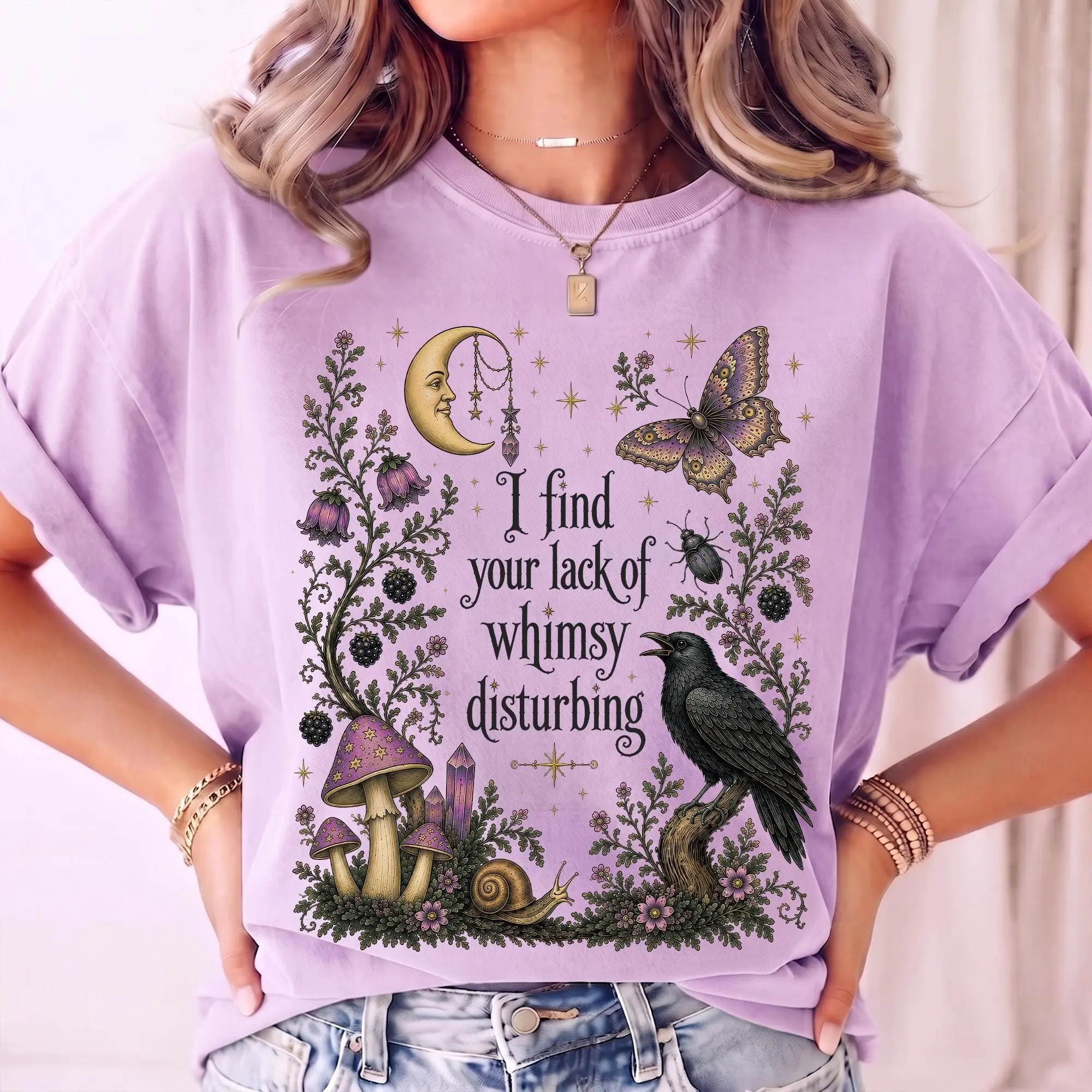 Comfort Colors Lack of Whimsy Crow Shirt, Witchy Autumn Celestial Moth Halloween Gift Tee for Women - photo 3