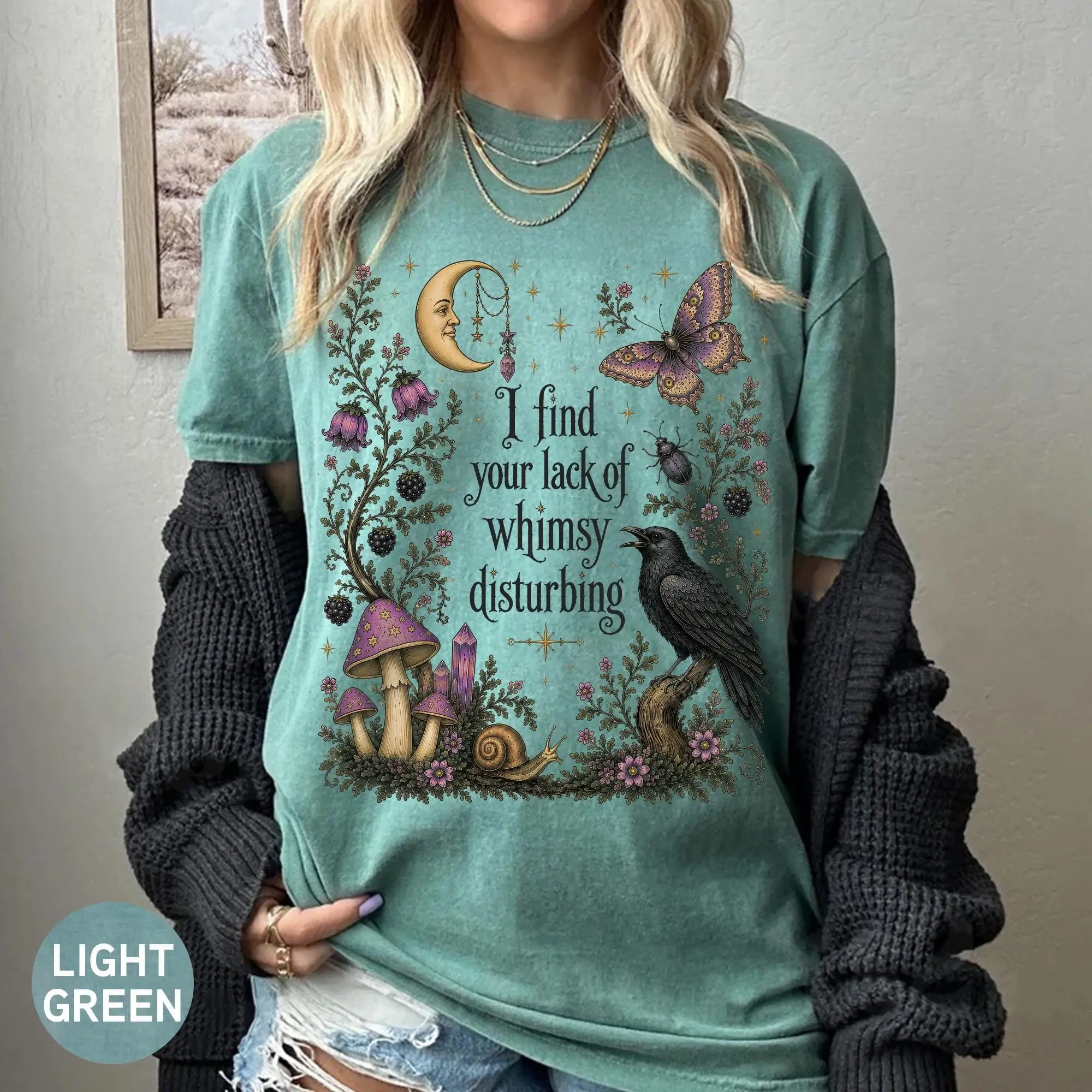 Comfort Colors Lack of Whimsy Crow Sweatshirt, Witchy Autumn Celestial Moth Halloween Crewneck for Women