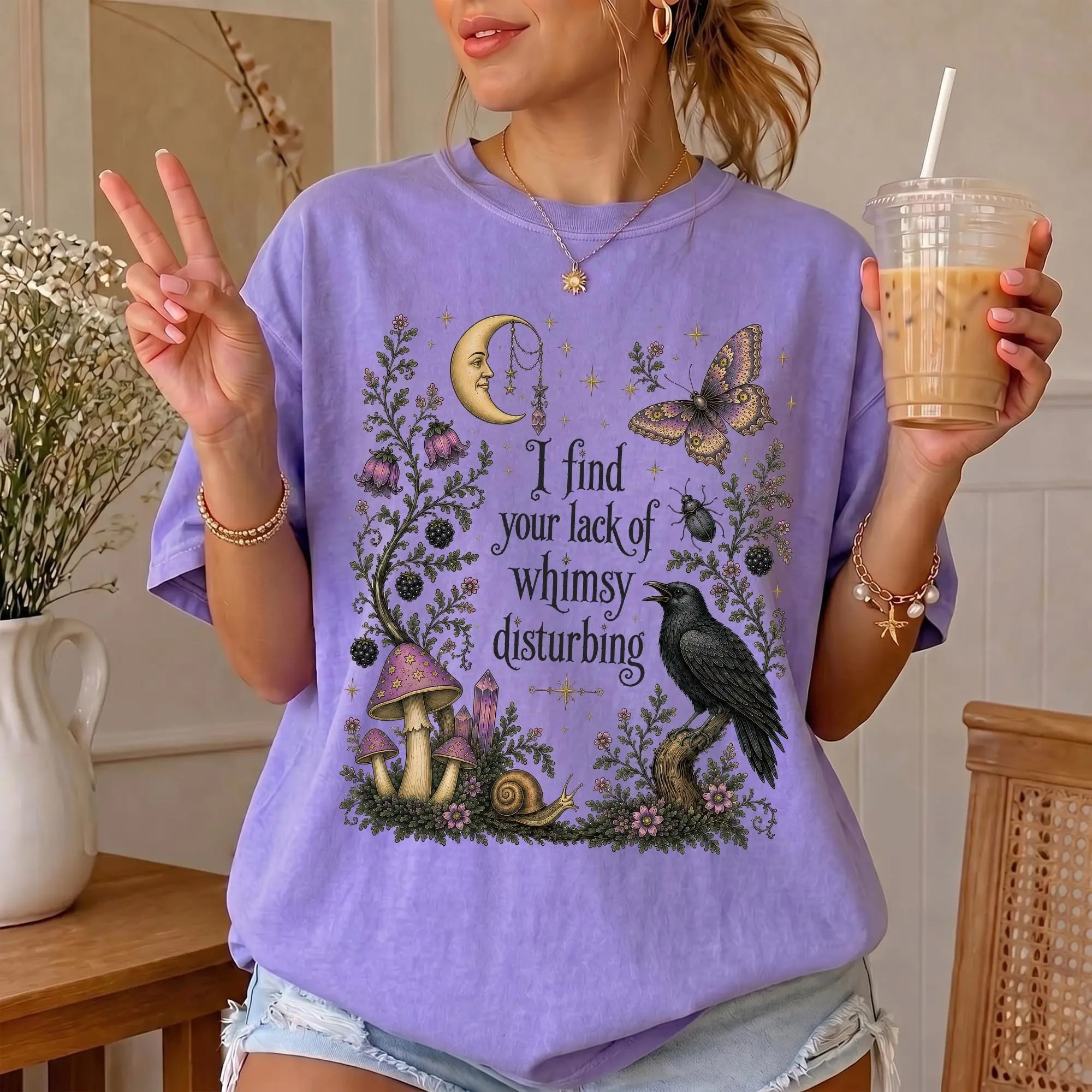 Comfort Colors Lack of Whimsy Crow Sweatshirt, Witchy Autumn Celestial Moth Halloween Crewneck for Women - photo 4