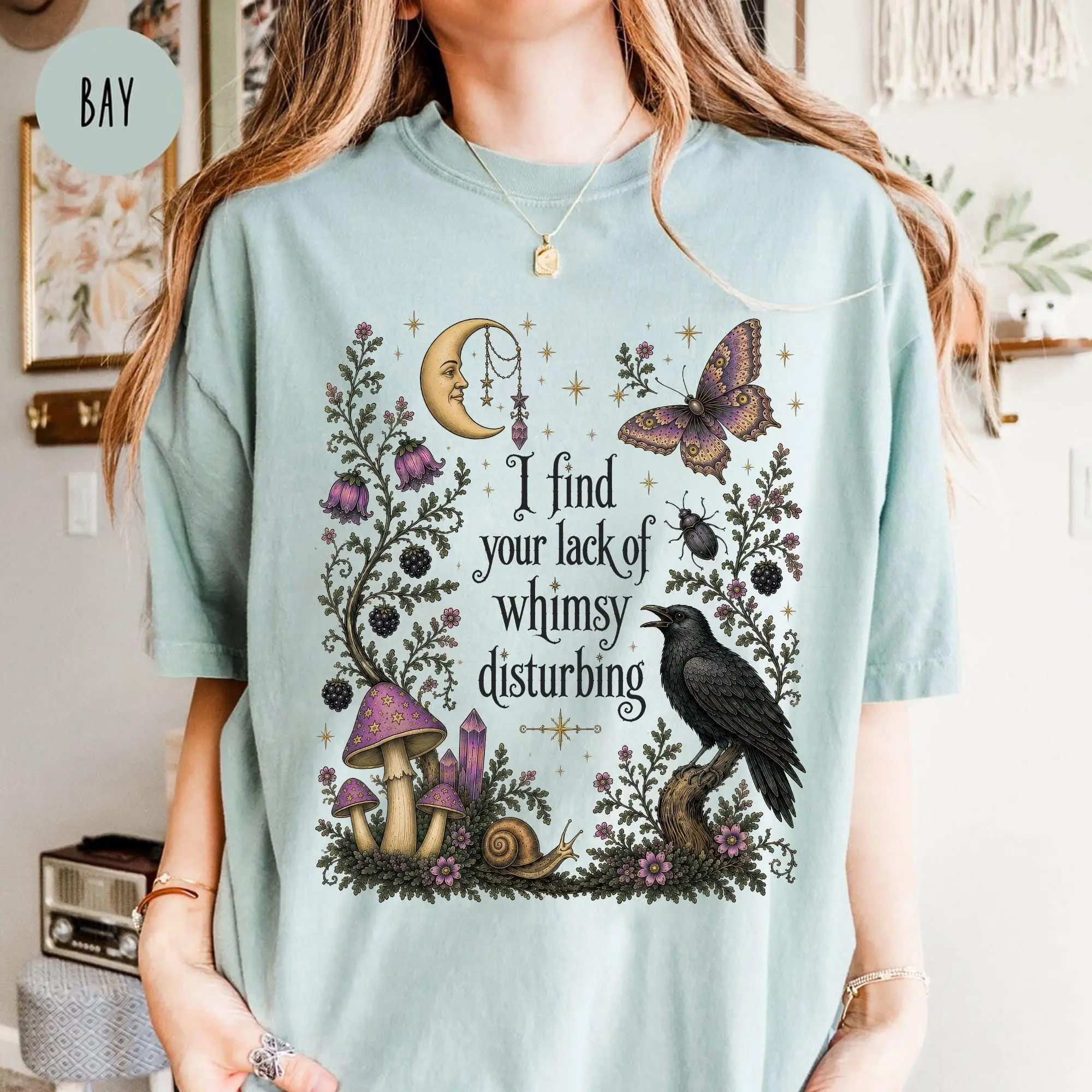 Comfort Colors Lack of Whimsy Crow Sweatshirt, Witchy Autumn Celestial Moth Halloween Crewneck for Women - photo 5