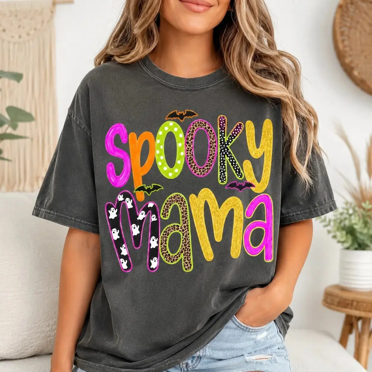 Comfort Colors Leopard Bats Spooky Mama Shirt for Women, Cute Halloween Motherhood Graphic Tee, October Birthday Gift - photo 1