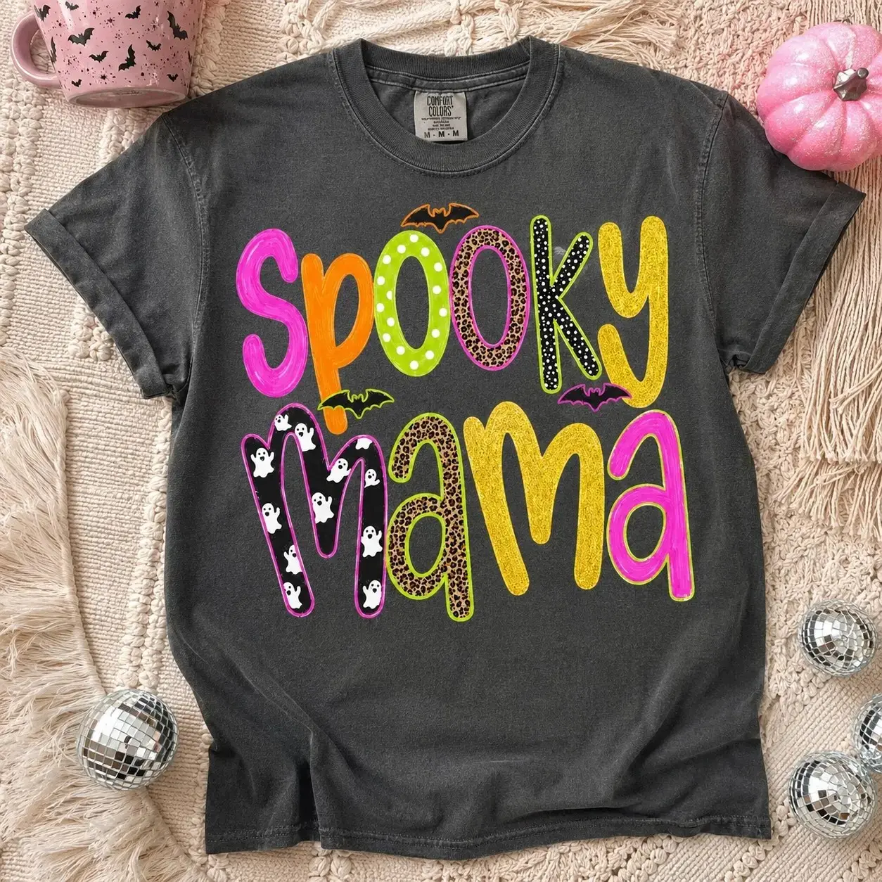 Comfort Colors Leopard Bats Spooky Mama Shirt for Women, Cute Halloween Motherhood Graphic Tee, October Birthday Gift - photo 2