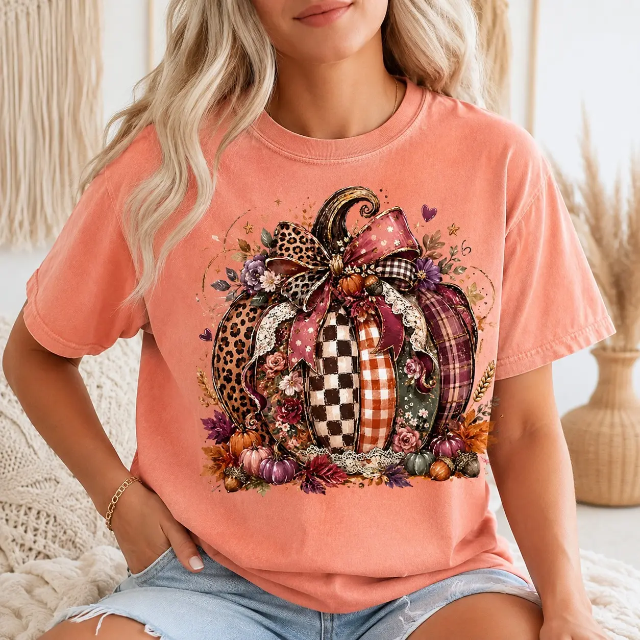Comfort Colors Leopard Bow Floral Pumpkin Women Vintage Shirts Thanksgiving, Rustic Farmhouse Fall Short Sleeve Mom Gift