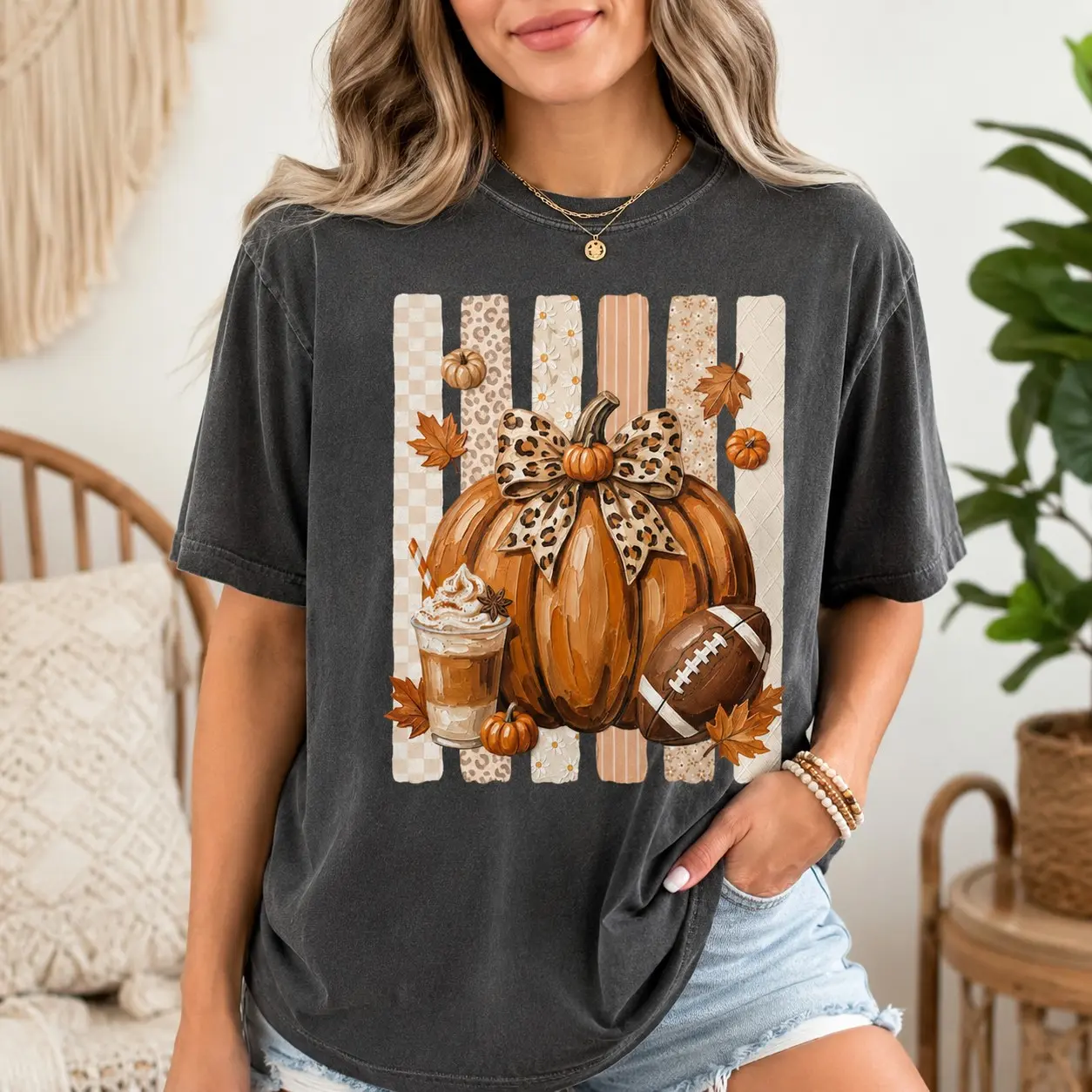 Comfort Colors Leopard Bow Pumpkin Football Coffee Shirt, Cozy Game Day Fall Graphic Sister Gift