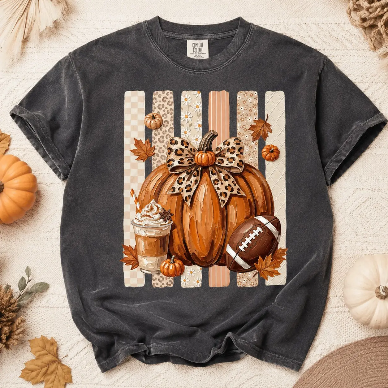 Comfort Colors Leopard Bow Pumpkin Football Coffee Shirt, Cozy Game Day Fall Graphic Sister Gift - photo 2
