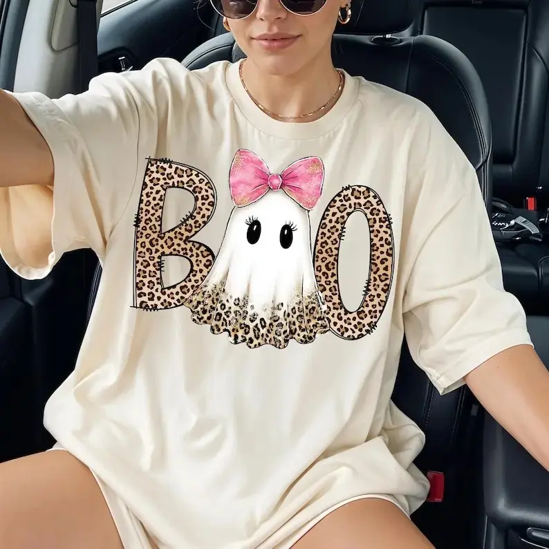 Comfort Colors Leopard Preppy Ghost Boo Coquette Sweatshirt, Trendy Pumpkin Halloween Graphic Top - photo 1