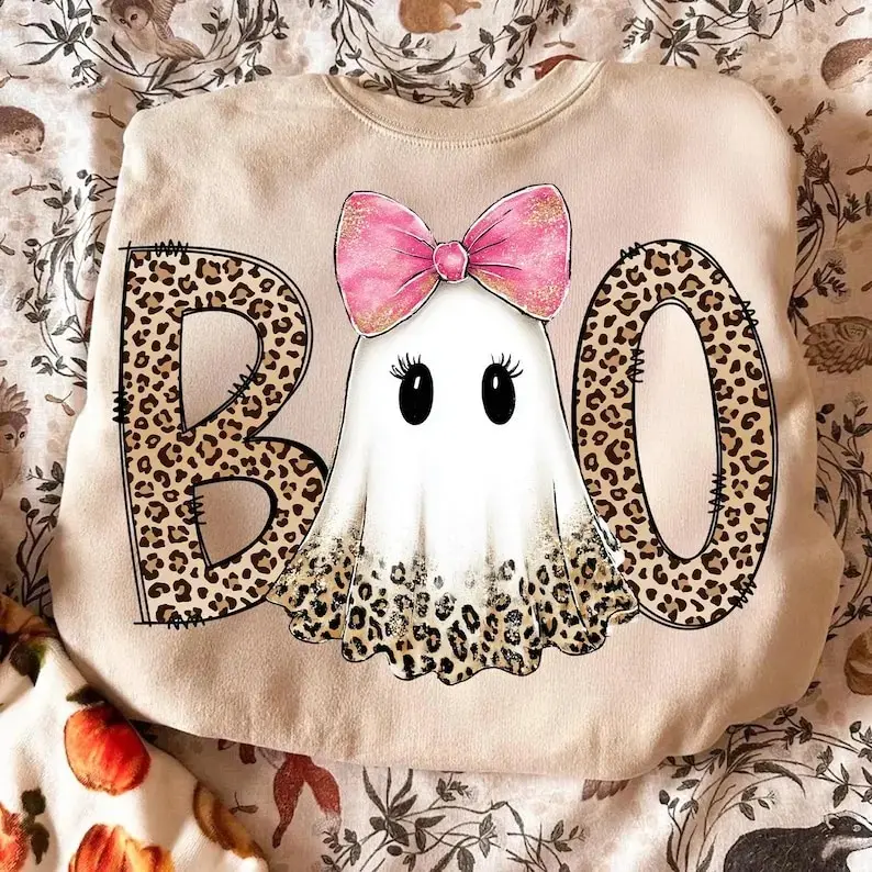 Comfort Colors Leopard Preppy Ghost Boo Coquette Sweatshirt, Trendy Pumpkin Halloween Graphic Top - photo 2