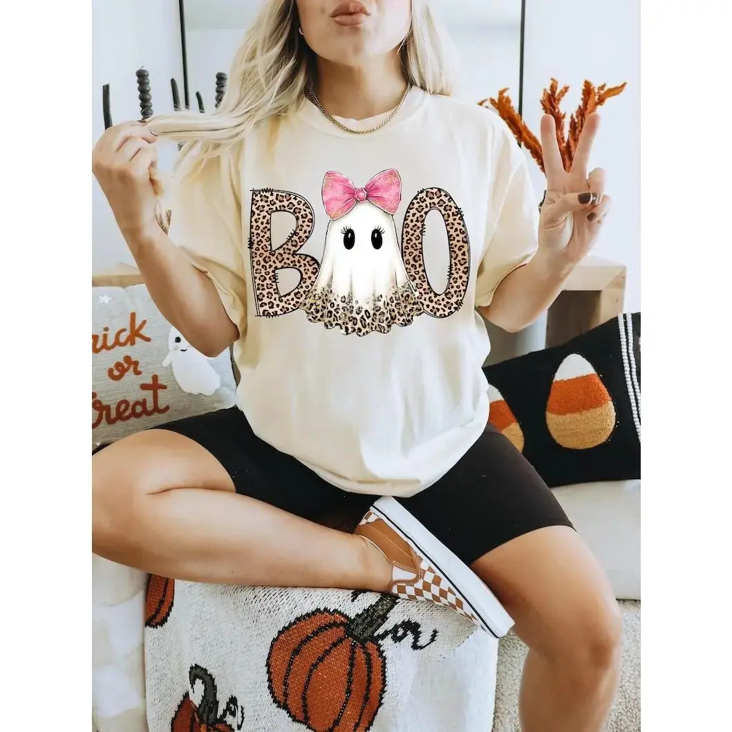 Comfort Colors Leopard Preppy Ghost Boo Coquette Sweatshirt, Trendy Pumpkin Halloween Graphic Top - photo 4