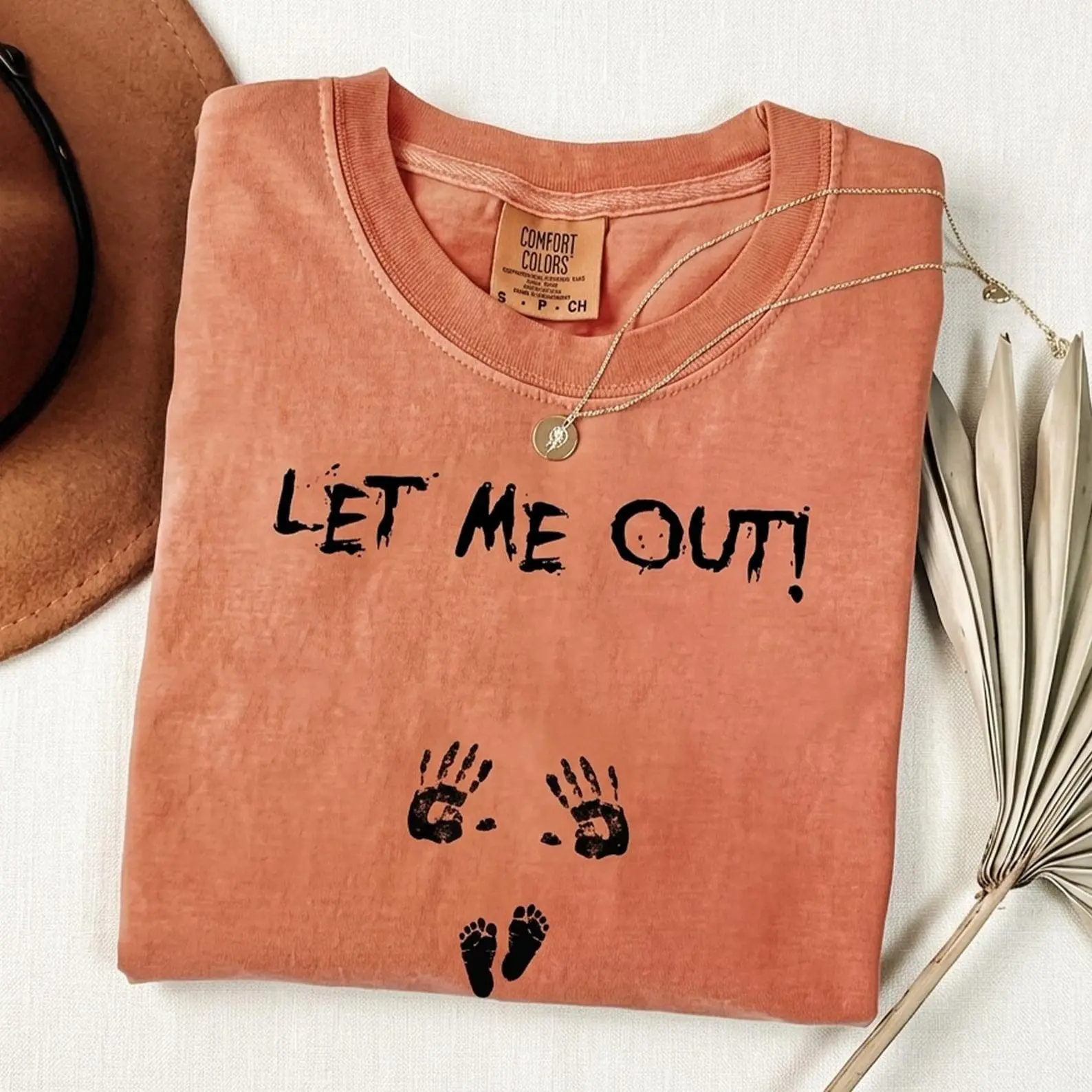 Comfort Colors Let Me Out Pregnancy Sweatshirt, Funny Creepy Handprint Reveal Top, Spooky Pregnant Halloween Baby