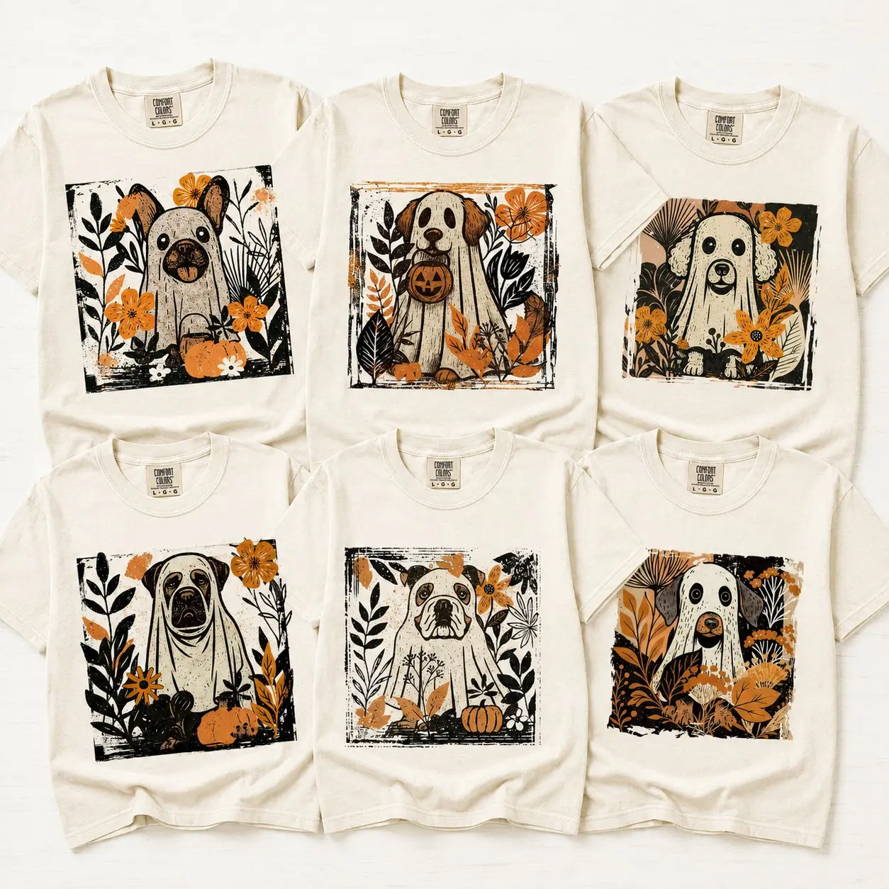 Comfort Colors Linocut Ghost Dog Breeds Floral Pumpkin Women Graphic Shirts Halloween Party