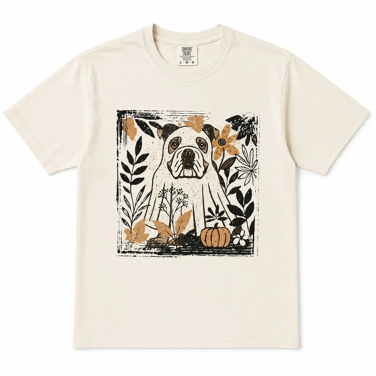 Comfort Colors Linocut Ghost Dog Breeds Floral Pumpkin Women Graphic Shirts Halloween Party - photo 3