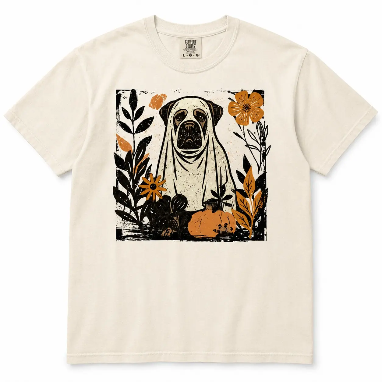 Comfort Colors Linocut Ghost Dog Breeds Floral Pumpkin Women Graphic Shirts Halloween Party - photo 4