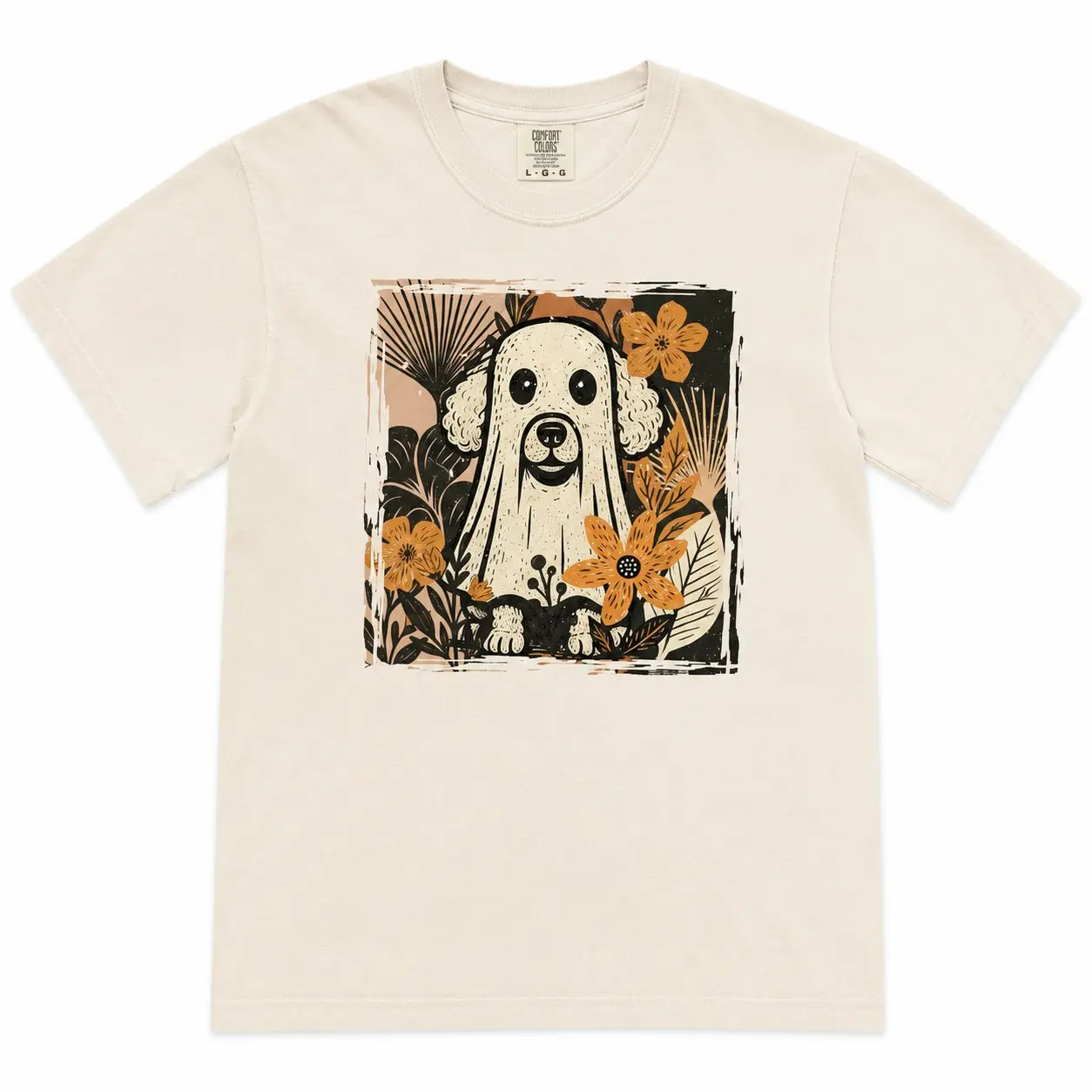 Comfort Colors Linocut Ghost Dog Breeds Floral Pumpkin Women Graphic Shirts Halloween Party - photo 5