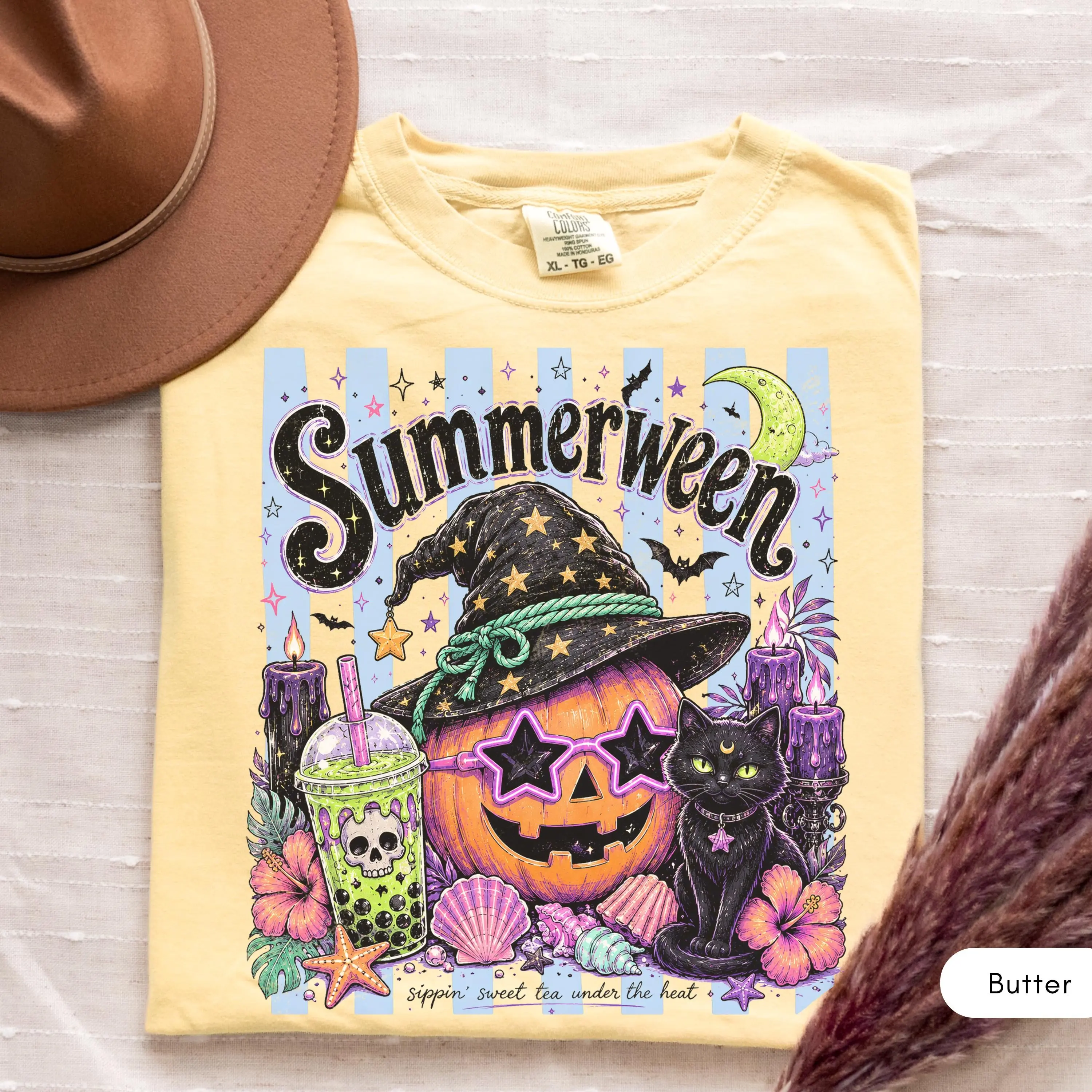 Comfort Colors Magical Summerween Cat Shirt, Spooky Retro Halloween Graphic Tee - photo 1