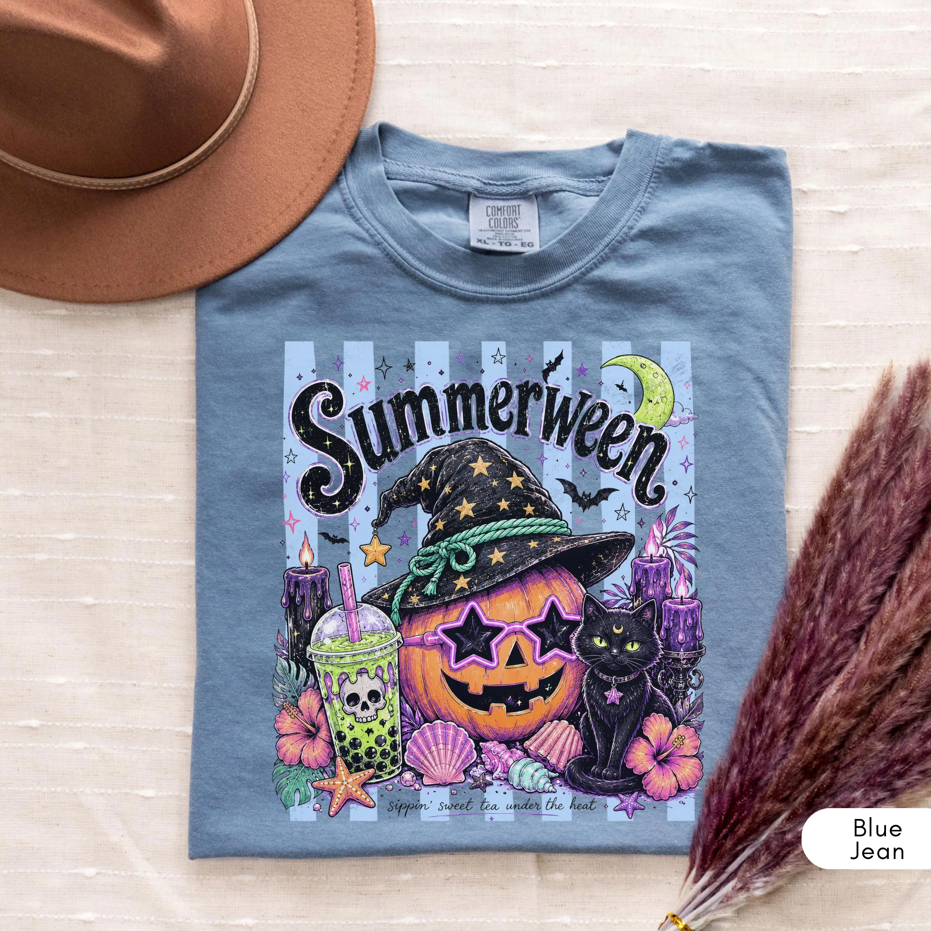 Comfort Colors Magical Summerween Cat Shirt, Spooky Retro Halloween Graphic Tee - photo 2