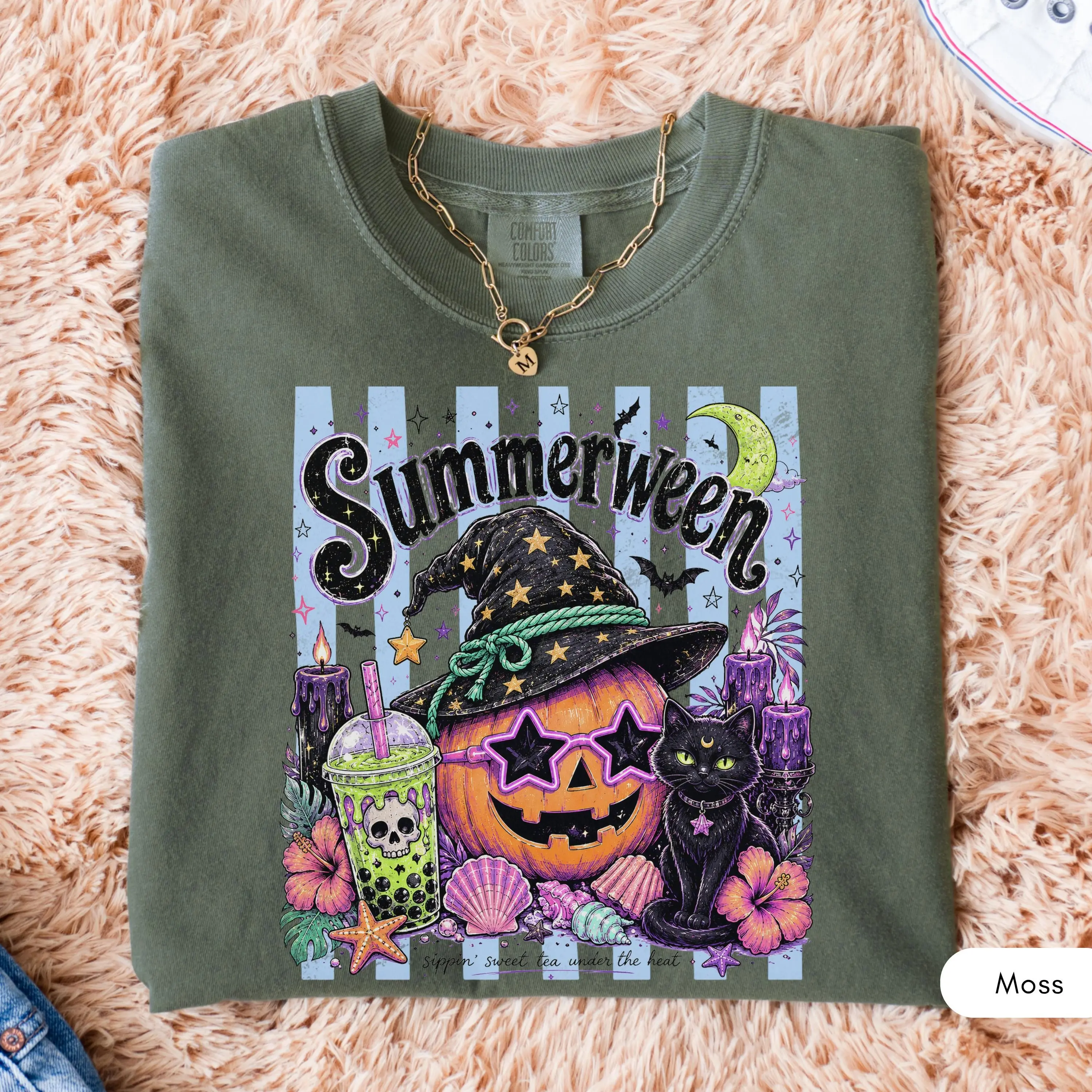 Comfort Colors Magical Summerween Cat Shirt, Spooky Retro Halloween Graphic Tee - photo 4
