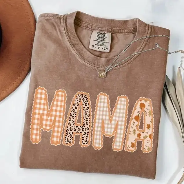 Comfort Colors Mama Fall T-Shirt, Autumn Thanksgiving Halloween Tee, Gingham Leopard Pumpkin Patch Mom Gift