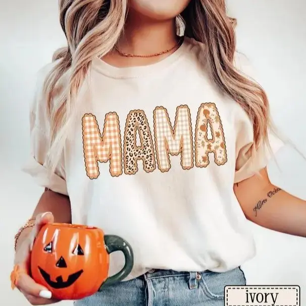 Comfort Colors Mama Fall T-Shirt, Autumn Thanksgiving Halloween Tee, Gingham Leopard Pumpkin Patch Mom Gift - photo 2