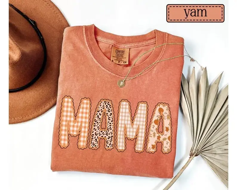 Comfort Colors Mama Fall T-Shirt, Autumn Thanksgiving Halloween Tee, Gingham Leopard Pumpkin Patch Mom Gift - photo 3