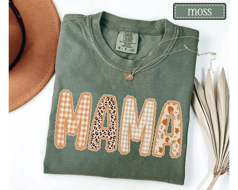 Comfort Colors Mama Fall T-Shirt, Autumn Thanksgiving Halloween Tee, Gingham Leopard Pumpkin Patch Mom Gift - photo 4