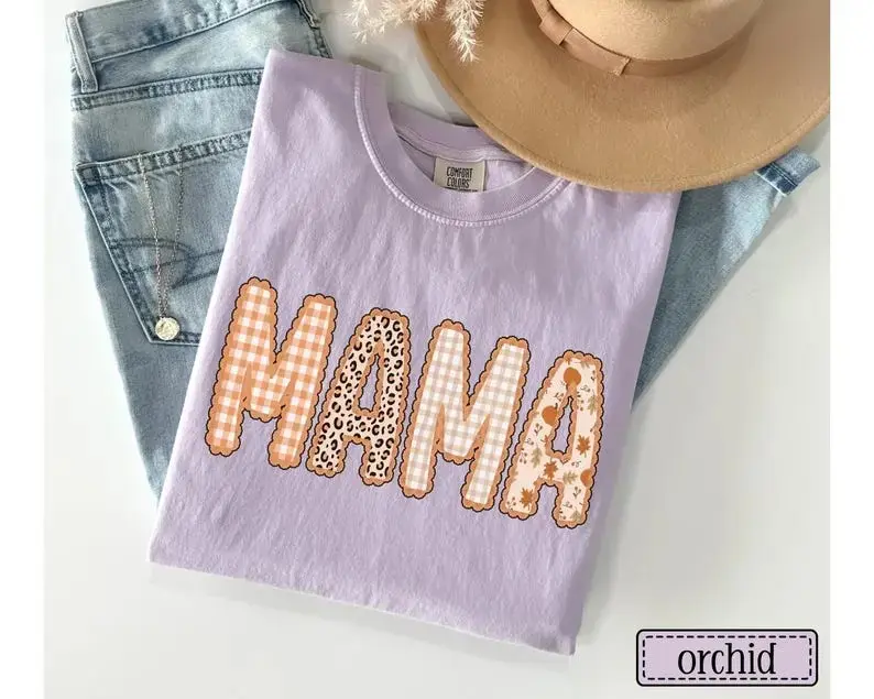Comfort Colors Mama Fall T-Shirt, Autumn Thanksgiving Halloween Tee, Gingham Leopard Pumpkin Patch Mom Gift - photo 5