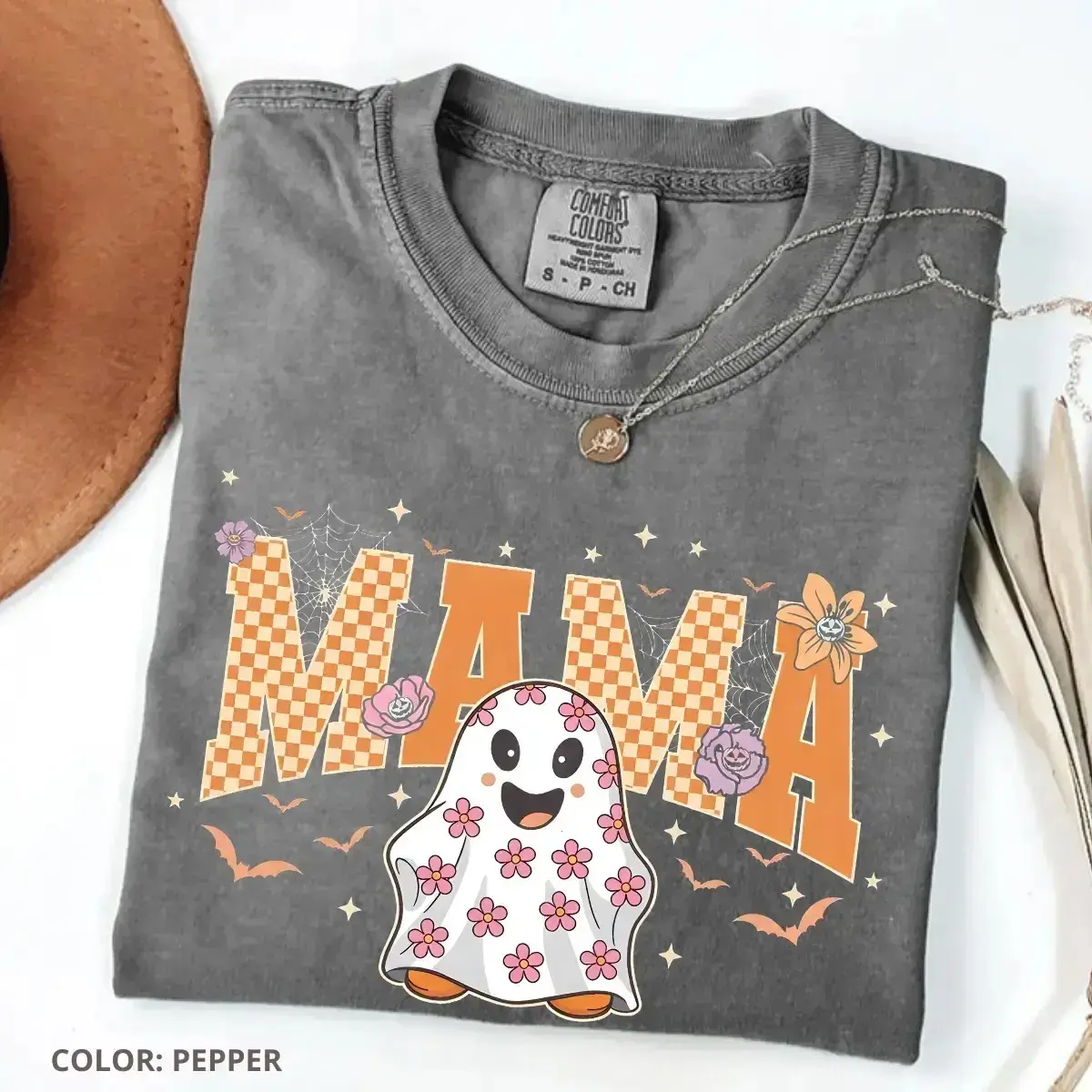 Comfort Colors Mama Halloween T-Shirt, Retro Floral Ghost Pumpkin Spooky Season Fall Mother's Day Tee
