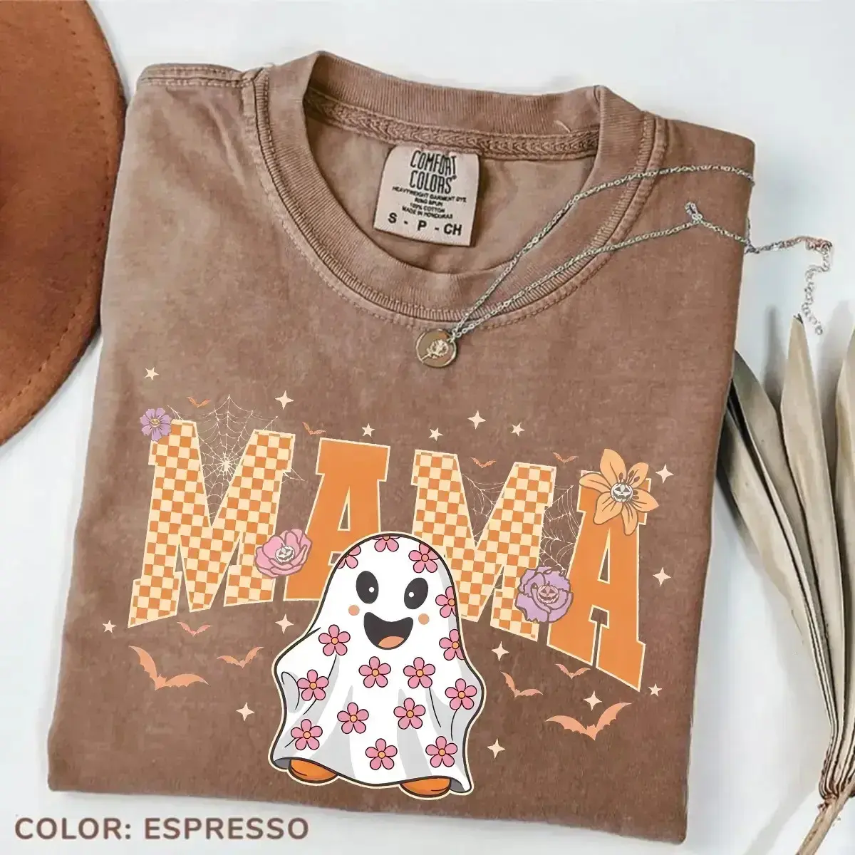 Comfort Colors Mama Halloween T-Shirt, Retro Floral Ghost Pumpkin Spooky Season Fall Mother's Day Tee - photo 2