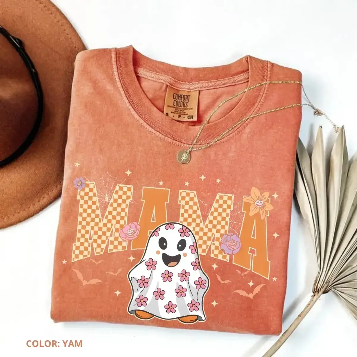Comfort Colors Mama Halloween T-Shirt, Retro Floral Ghost Pumpkin Spooky Season Fall Mother's Day Tee - photo 3