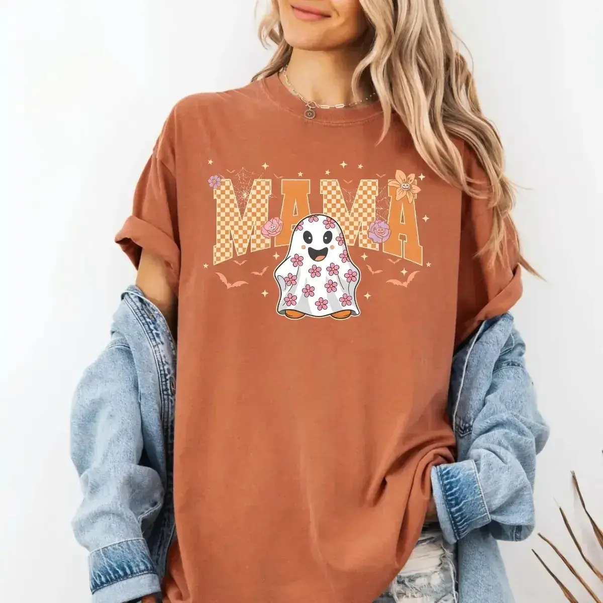 Comfort Colors Mama Halloween T-Shirt, Retro Floral Ghost Pumpkin Spooky Season Fall Mother's Day Tee - photo 4
