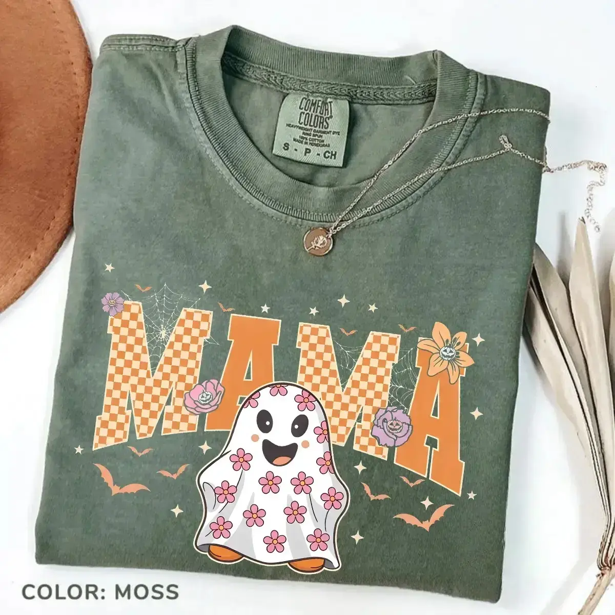 Comfort Colors Mama Halloween T-Shirt, Retro Floral Ghost Pumpkin Spooky Season Fall Mother's Day Tee - photo 5