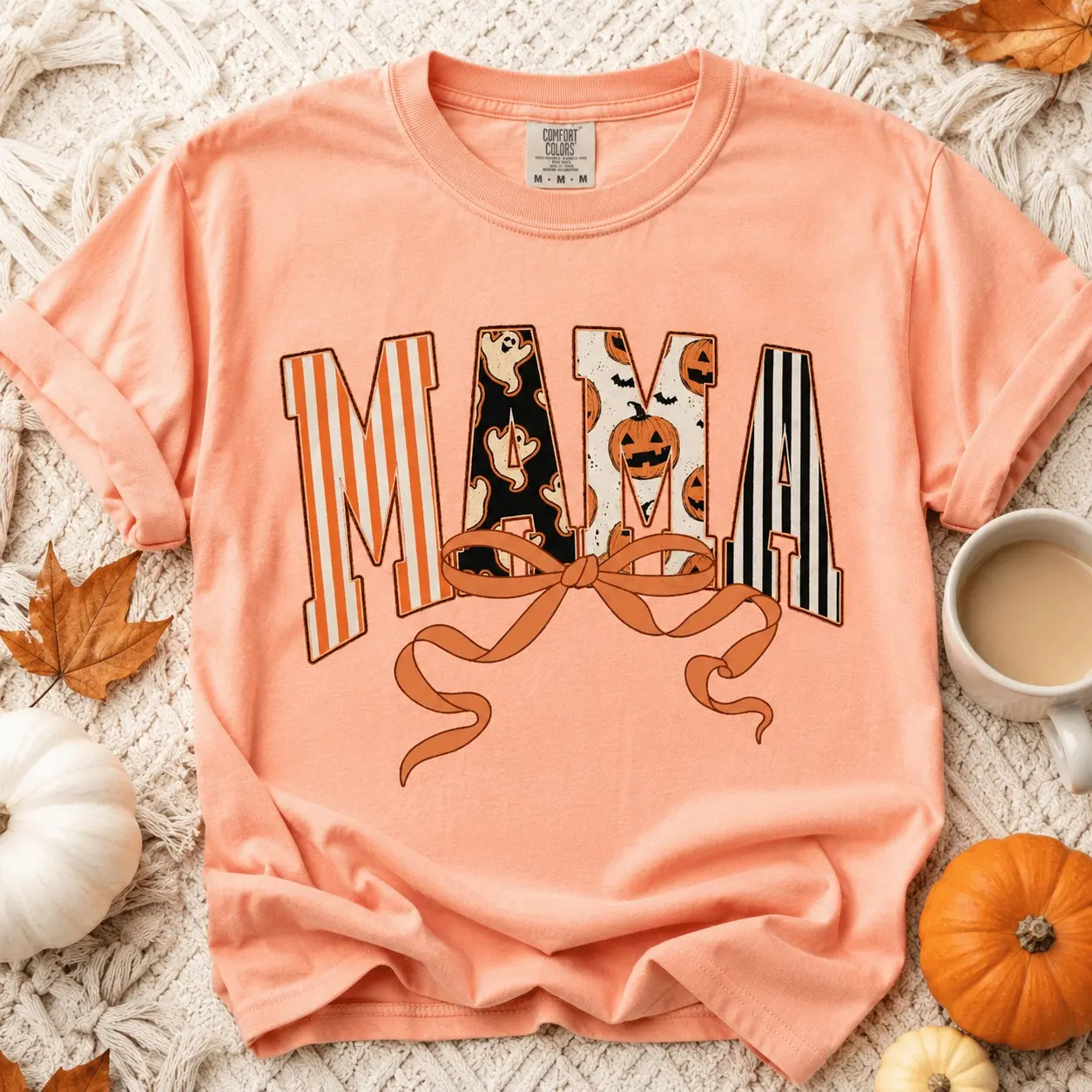 Comfort Colors Mama Ribbon Bow Pumpkin Ghost Shirt, Cute Coquette Halloween Party Tee, Fall Gift for Women - photo 2