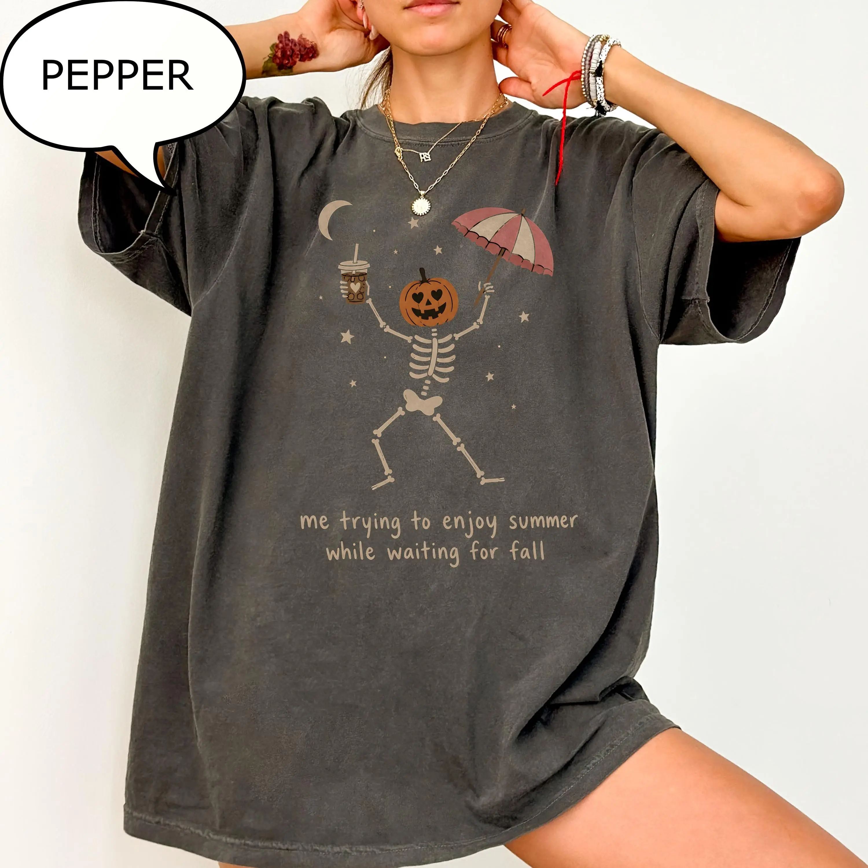 Comfort Colors Me Trying To Enjoy Summer While Waiting For Fall T-Shirt, Dancing Skeleton Pumpkin Tee