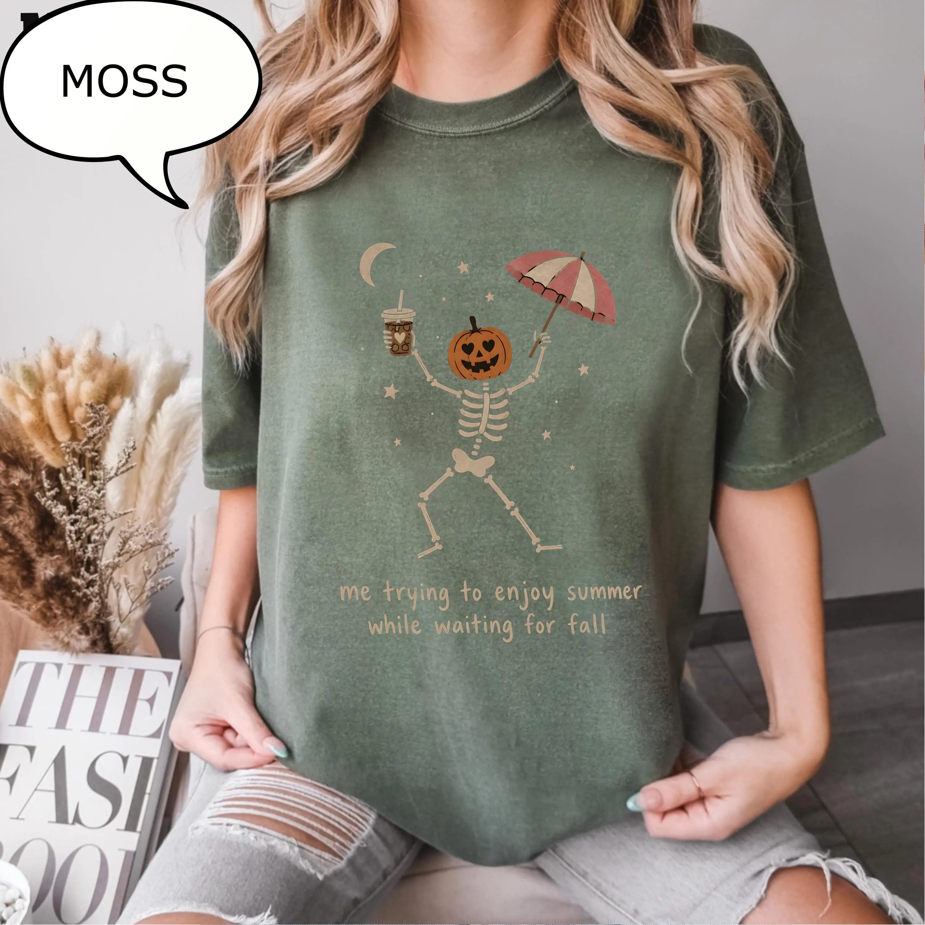 Comfort Colors Me Trying To Enjoy Summer While Waiting For Fall T-Shirt, Dancing Skeleton Pumpkin Tee - photo 3