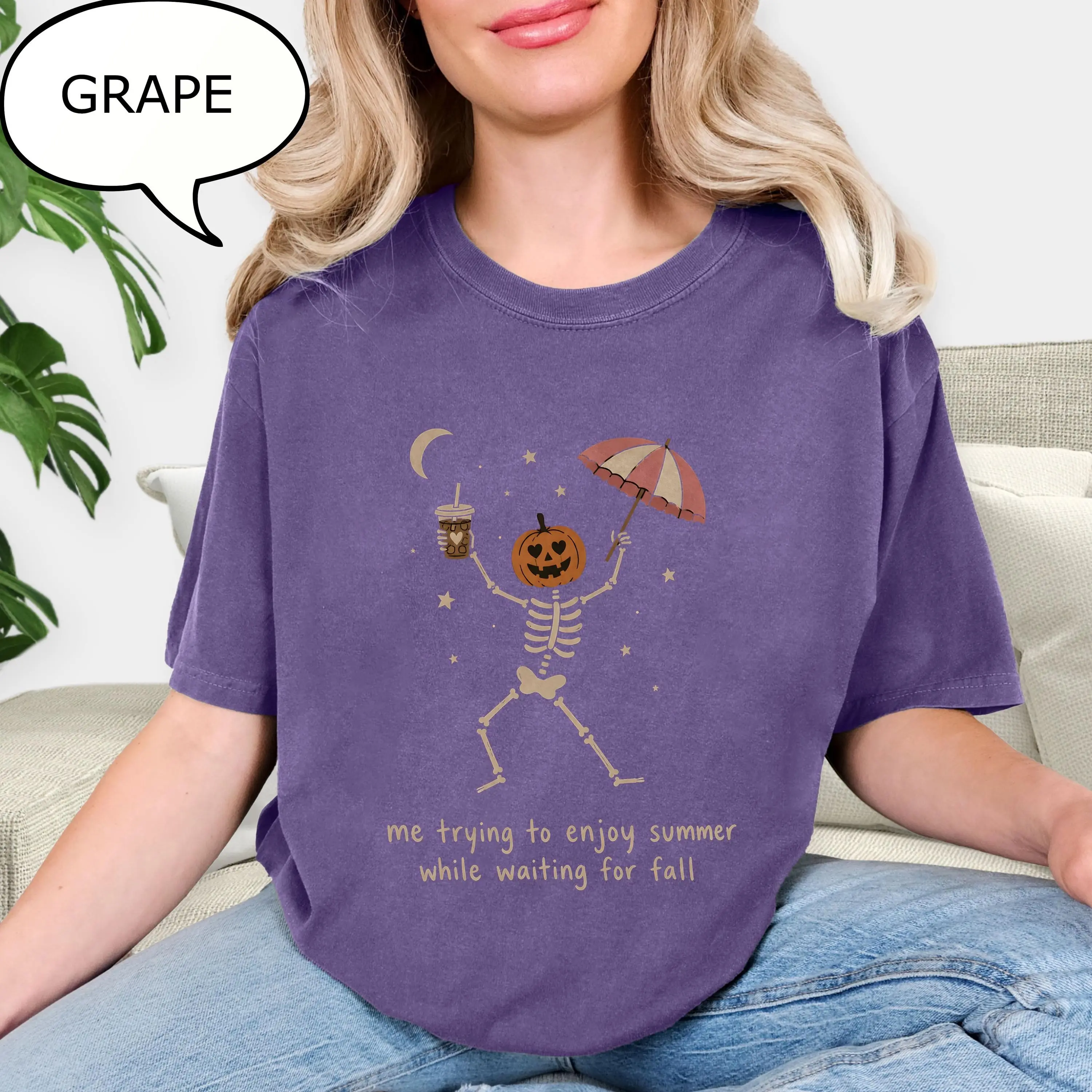 Comfort Colors Me Trying To Enjoy Summer While Waiting For Fall T-Shirt, Dancing Skeleton Pumpkin Tee - photo 5