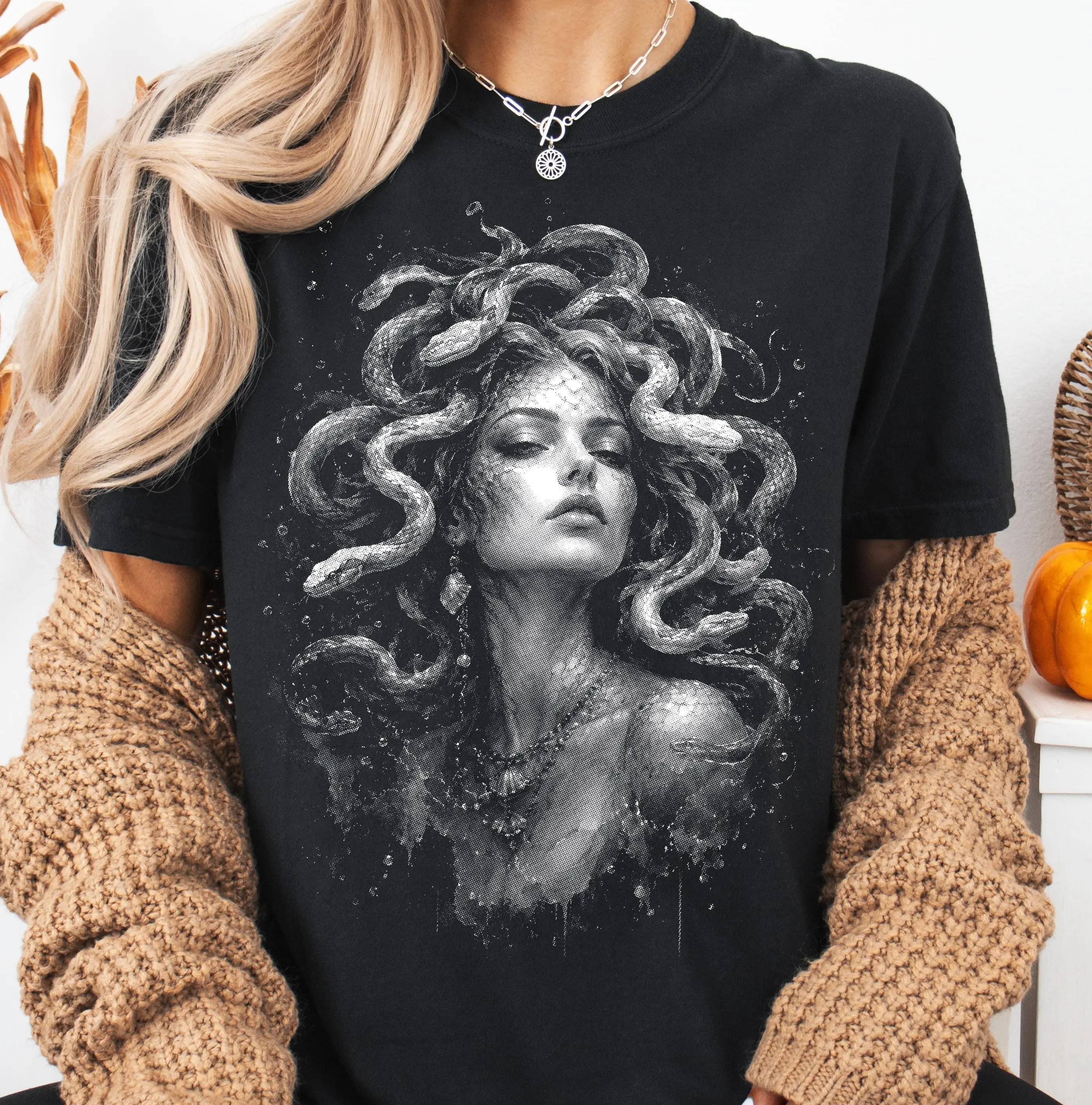 Comfort Colors Medusa Halftone Shirt, Greek Mythology Serpent Hair Gorgon Graphic Tee - photo 4