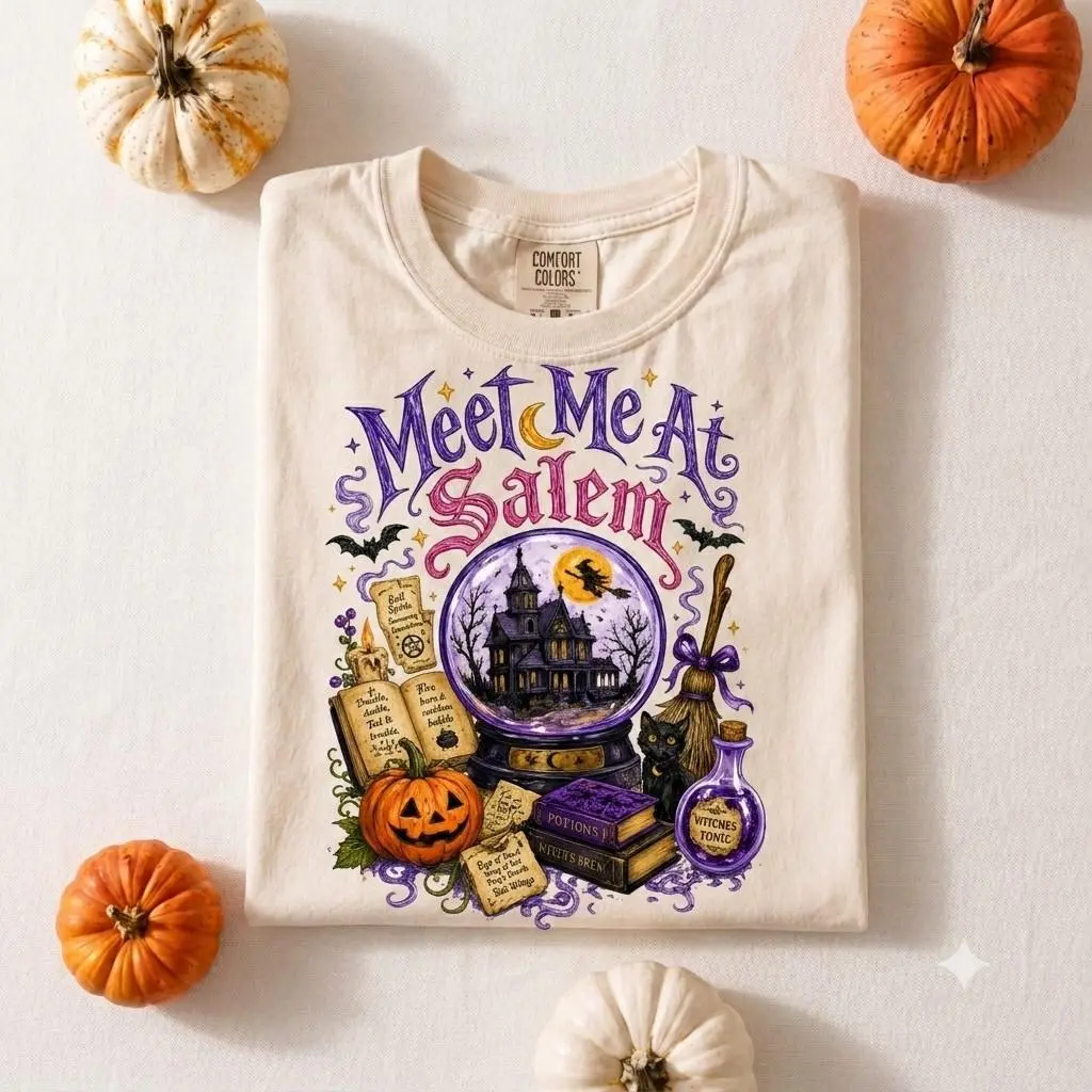 Comfort Colors Meet Me in Salem Halloween Shirt, MA Witch Aesthetic Haunted Town Fall Witchy Gift Tee - photo 2
