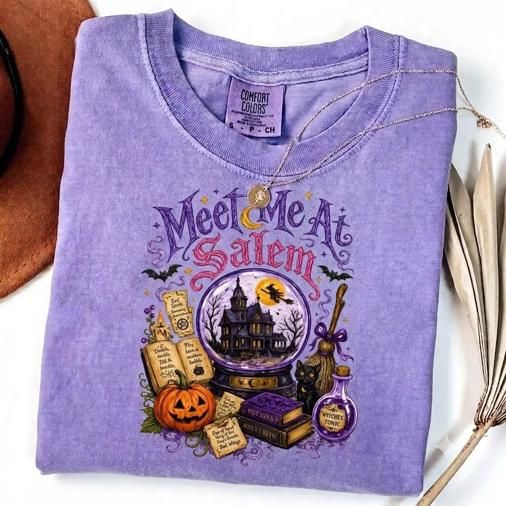 Comfort Colors Meet Me in Salem Halloween Shirt, MA Witch Aesthetic Haunted Town Fall Witchy Gift Tee - photo 3